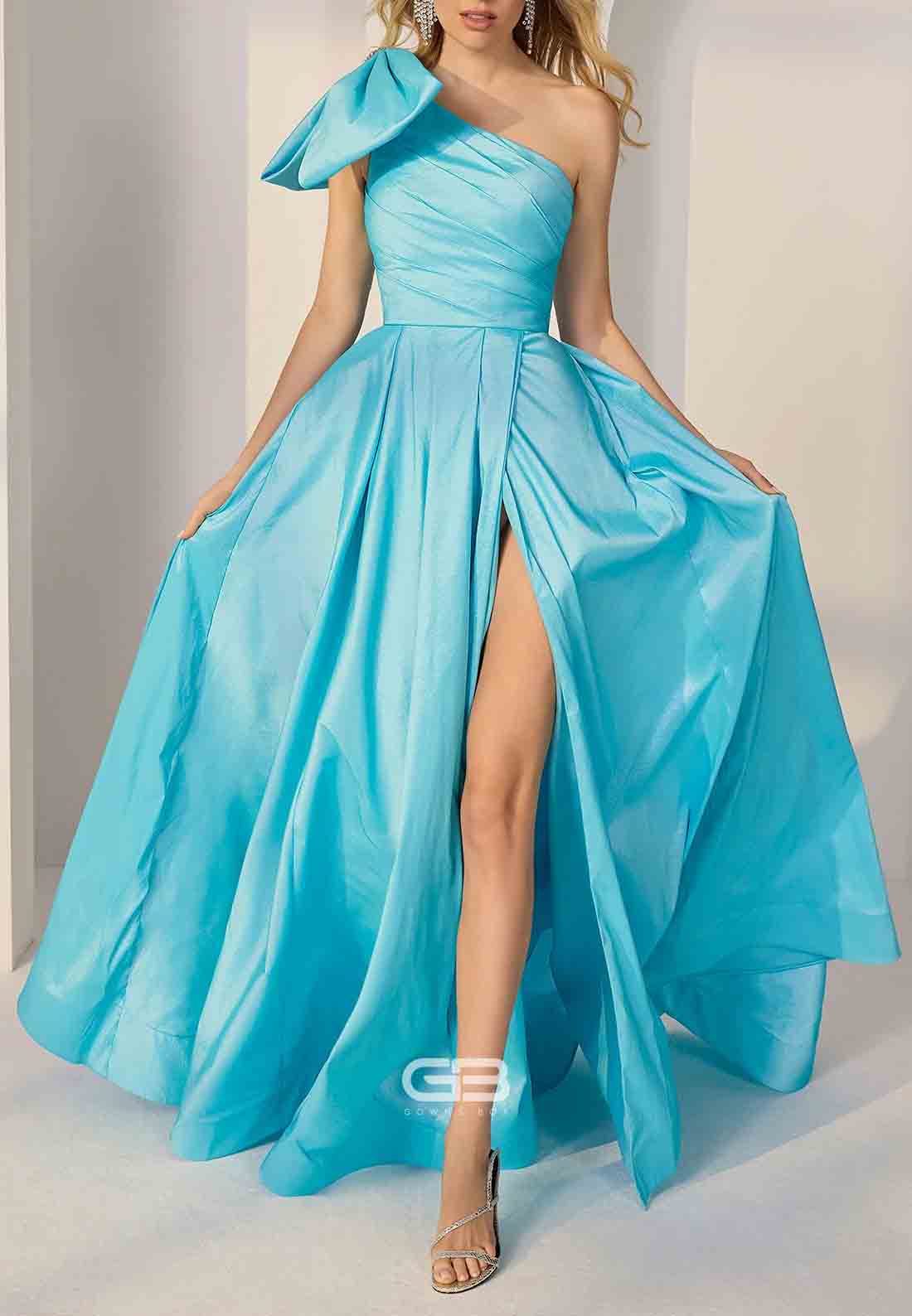 Elegant A-Line One Shoulder High Slit Prom Dresses with Shoulder Bowknot 