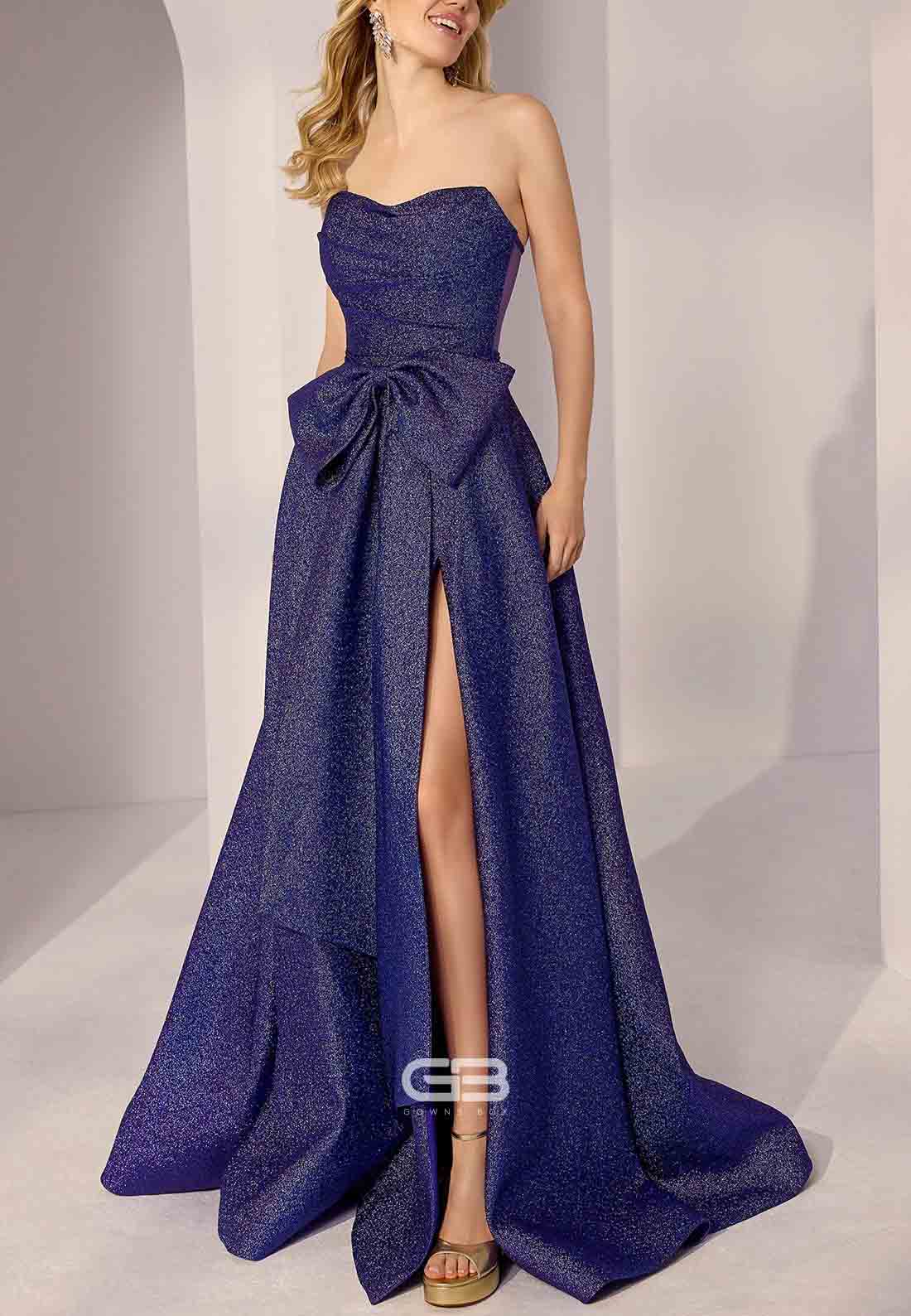 Glitter Strapless High Slit A line Sweetheart Floor-Length Prom Dress with Bowknot