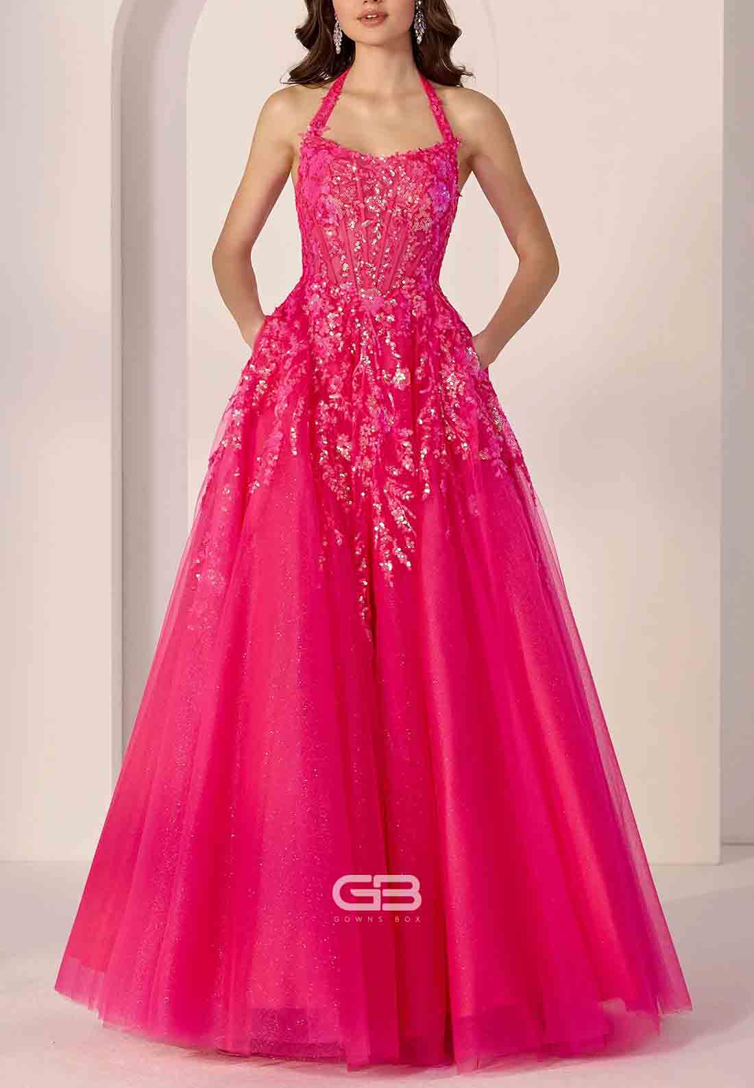 Strapless A-Line Floor-Length Tulle Tie Back Sequined Prom Dresses 