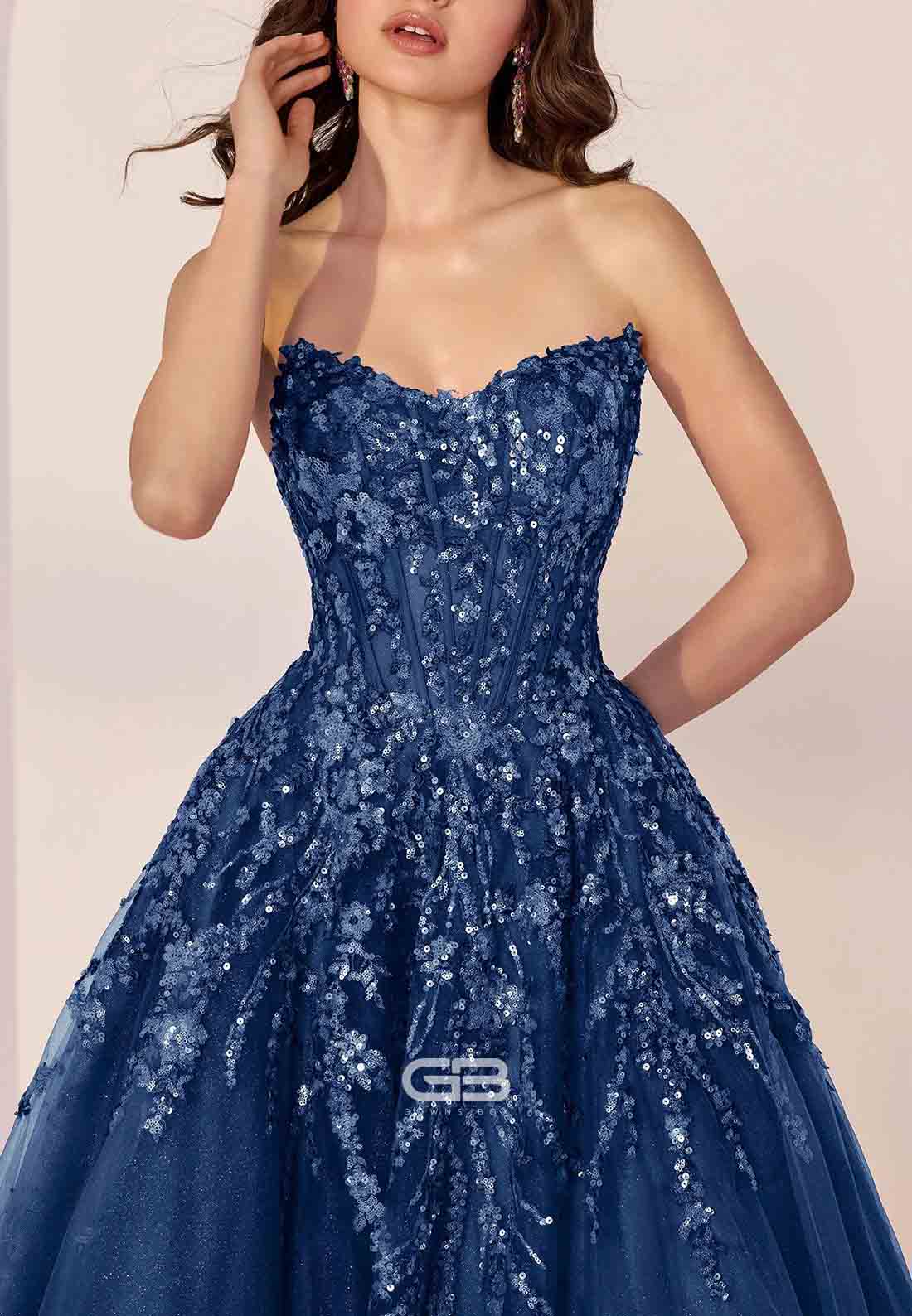 Strapless A-Line Floor-Length Tulle Tie Back Sequined Prom Dresses 