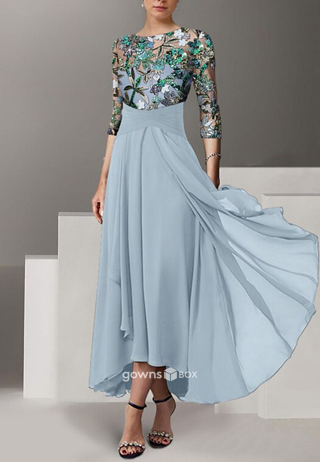 Beading Pleated Pleated 3/4 Sleeve Tea-Length Chiffon A-Line Mother of the Bride Dresses-GownsBox