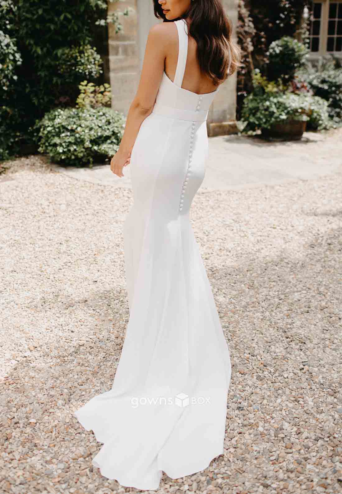Square Bridal Gowns Sleeveless Regular Straps Side Slit Waistband Wedding Dresses-GownsBox