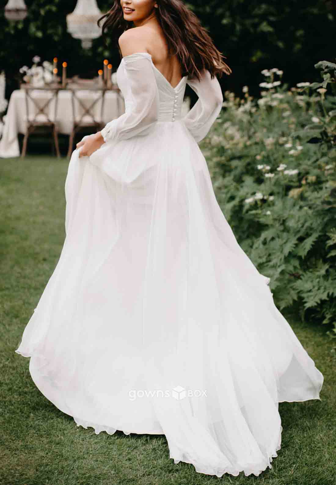 Long Sleeves Off-Shoulder Chiffon Side Slit V Back Pleated Wedding Dresses-GownsBox