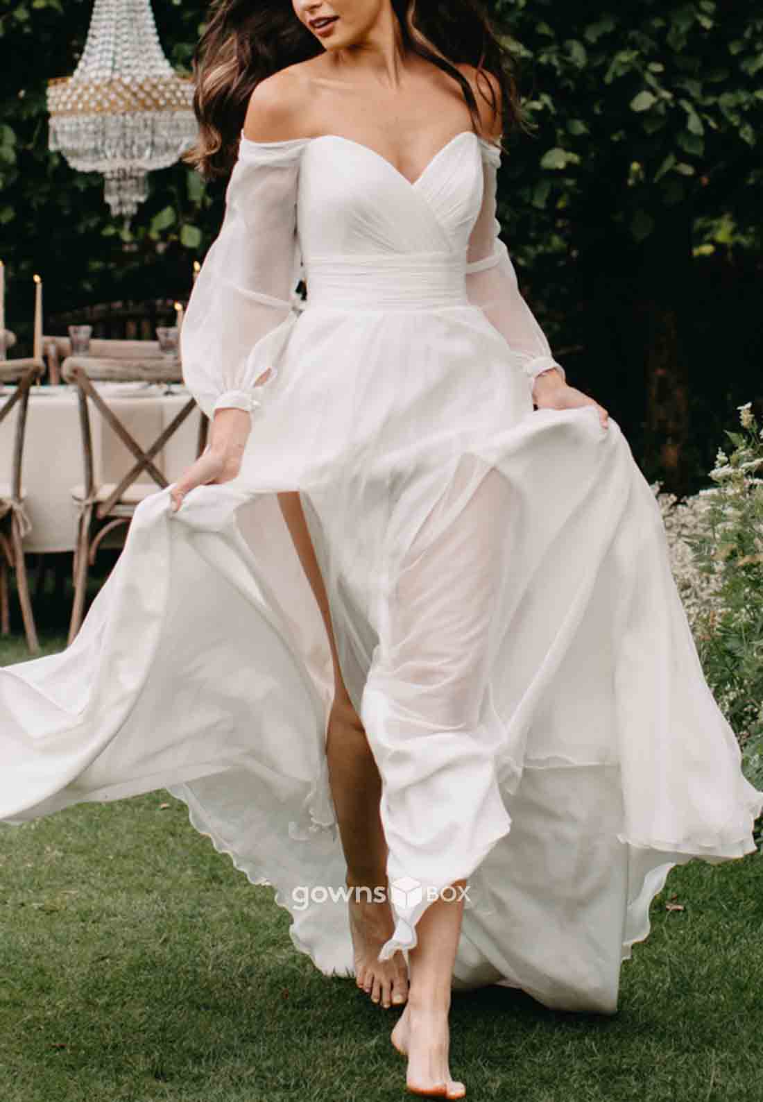 Long Sleeves Off-Shoulder Chiffon Side Slit V Back Pleated Wedding Dresses-GownsBox