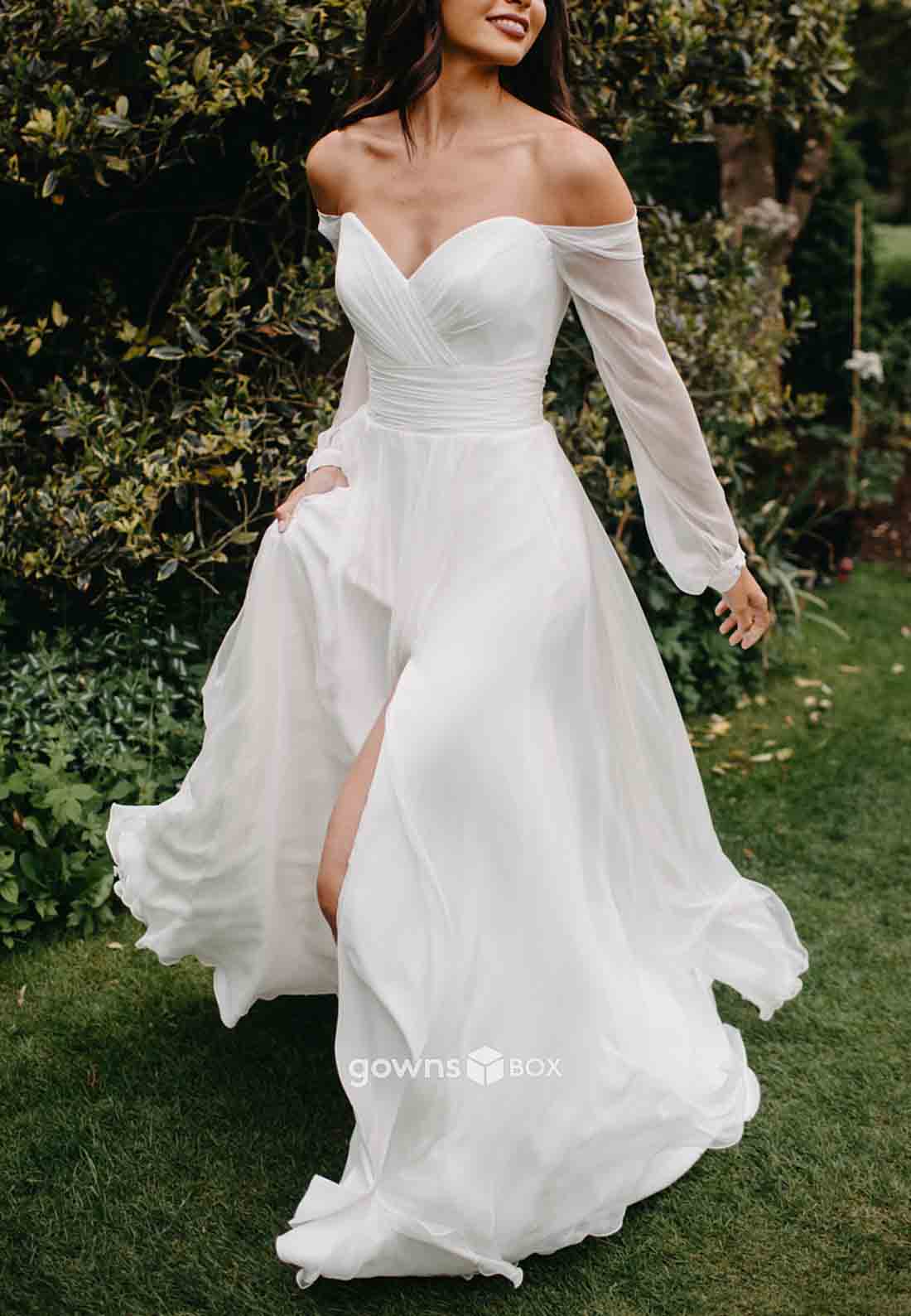 Long Sleeves Off-Shoulder Chiffon Side Slit V Back Pleated Wedding Dresses-GownsBox