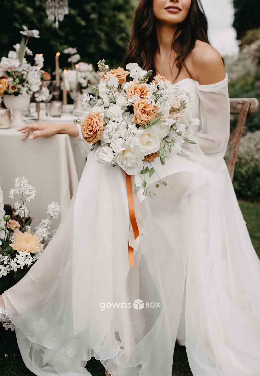 Long Sleeves Off-Shoulder Chiffon Side Slit V Back Pleated Wedding Dresses-GownsBox