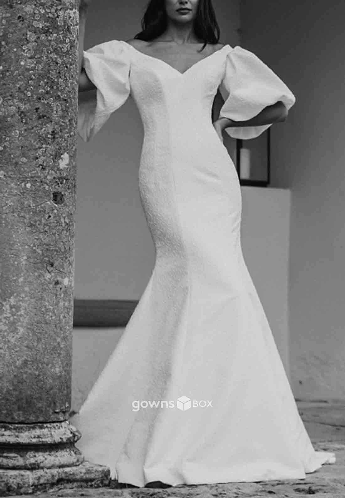 V-Neck Floor-Length Trumpet Half Sleeves Pleated Wedding Dresses-GownsBox