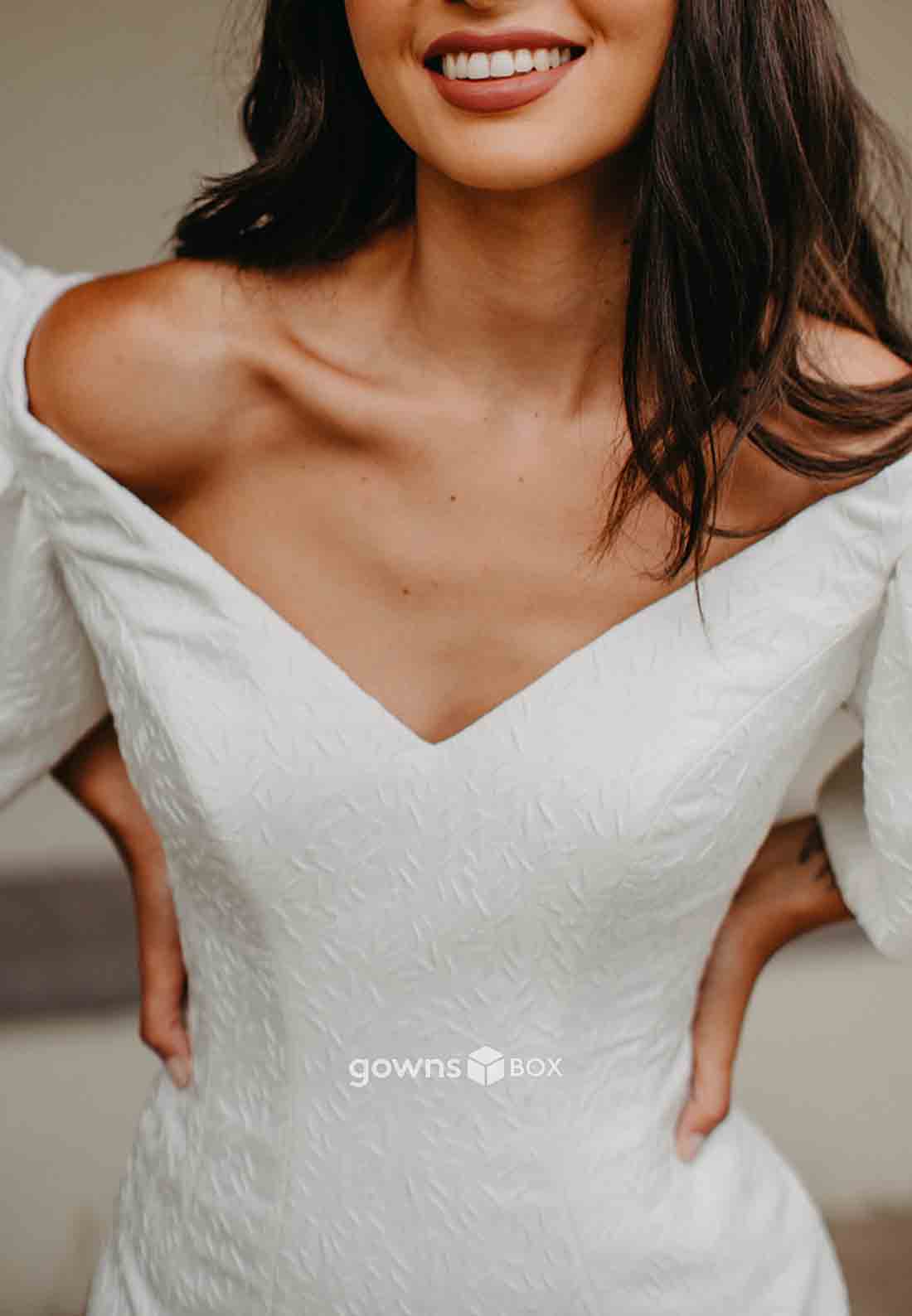 V-Neck Floor-Length Trumpet Half Sleeves Pleated Wedding Dresses-GownsBox