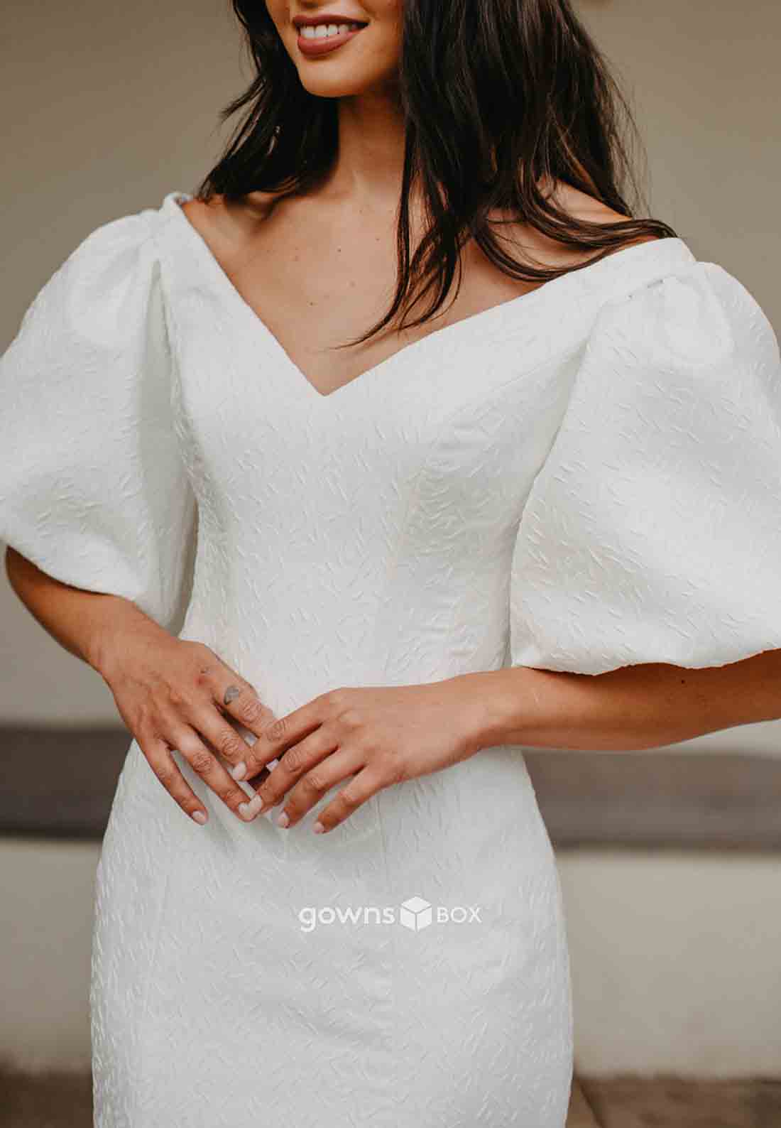 V-Neck Floor-Length Trumpet Half Sleeves Pleated Wedding Dresses-GownsBox