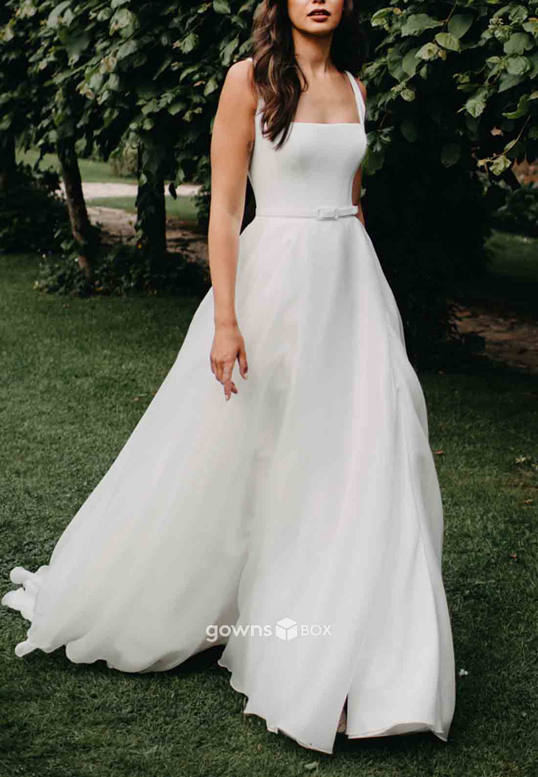 Square Bridal Gowns Sleeveless Regular Straps Side Slit Waistband Wedding Dresses-GownsBox