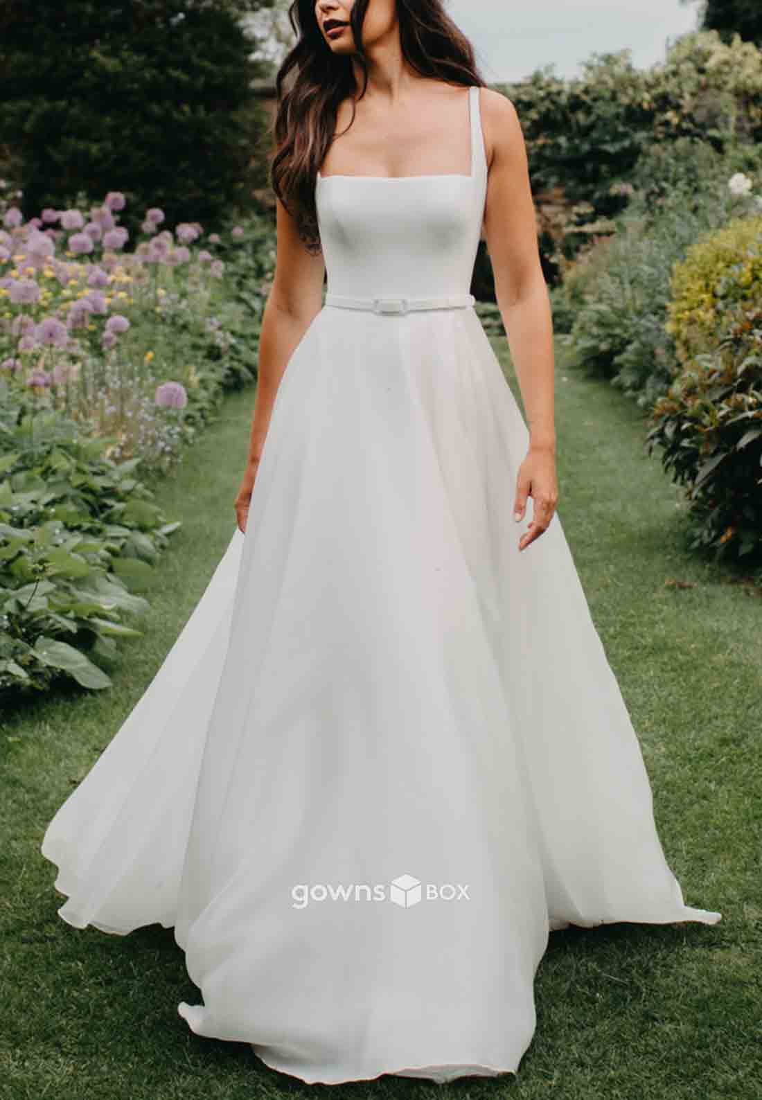 Square Bridal Gowns Sleeveless Regular Straps Side Slit Waistband Wedding Dresses-GownsBox