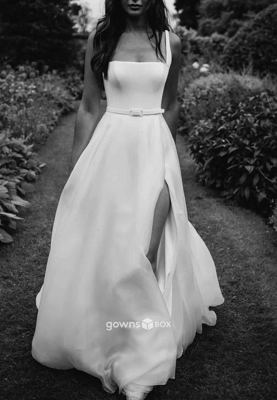 Square Bridal Gowns Sleeveless Regular Straps Side Slit Waistband Wedding Dresses-GownsBox