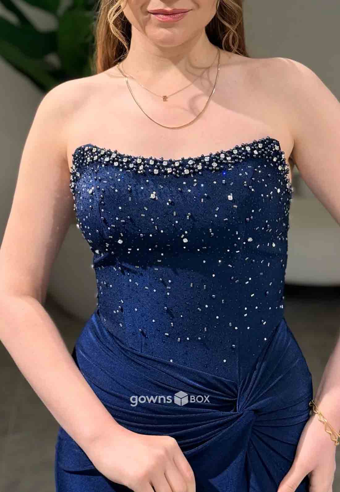 Sheath High Slit Strapless Pleated Floor-Length Sleeveless Beading Prom Dresses-GownsBox