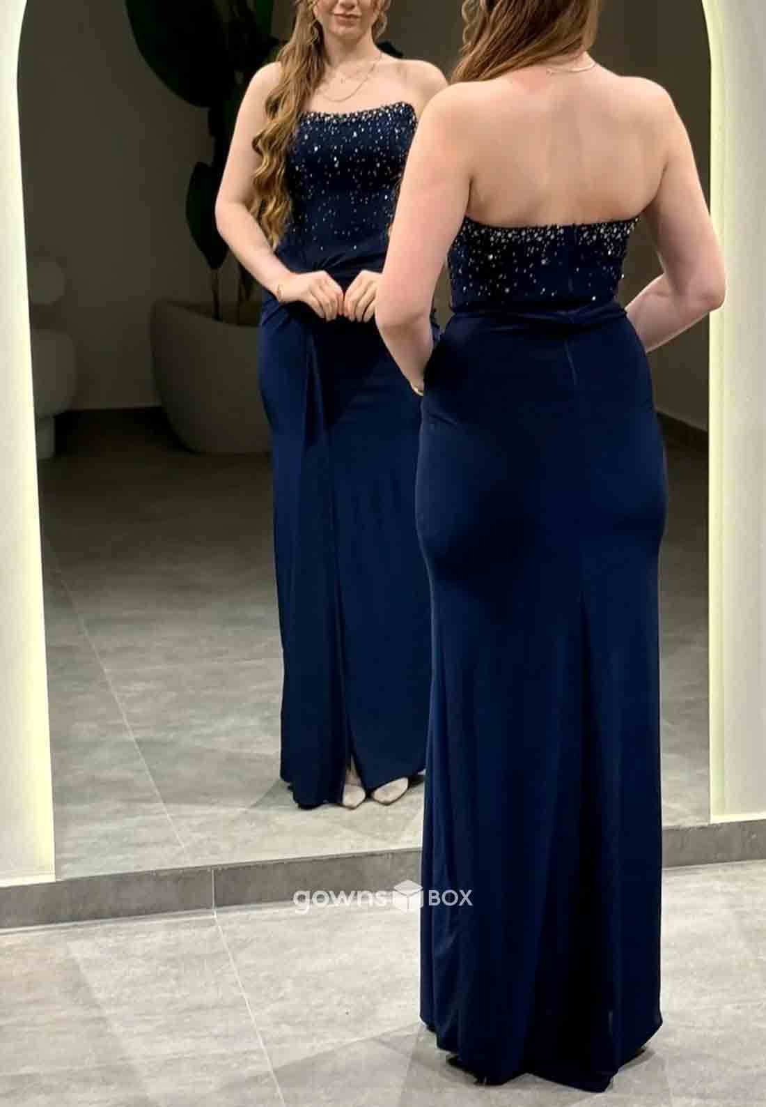 Sheath High Slit Strapless Pleated Floor-Length Sleeveless Beading Prom Dresses-GownsBox