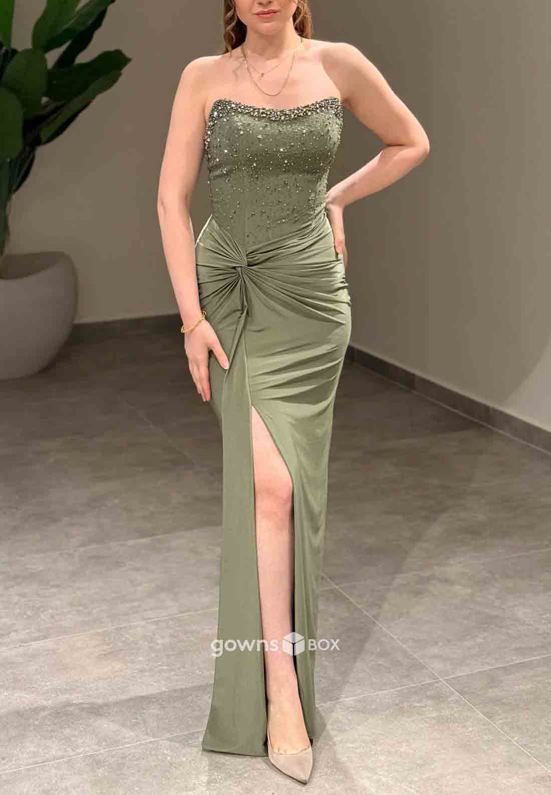 Sheath High Slit Strapless Pleated Floor-Length Sleeveless Beading Prom Dresses-GownsBox