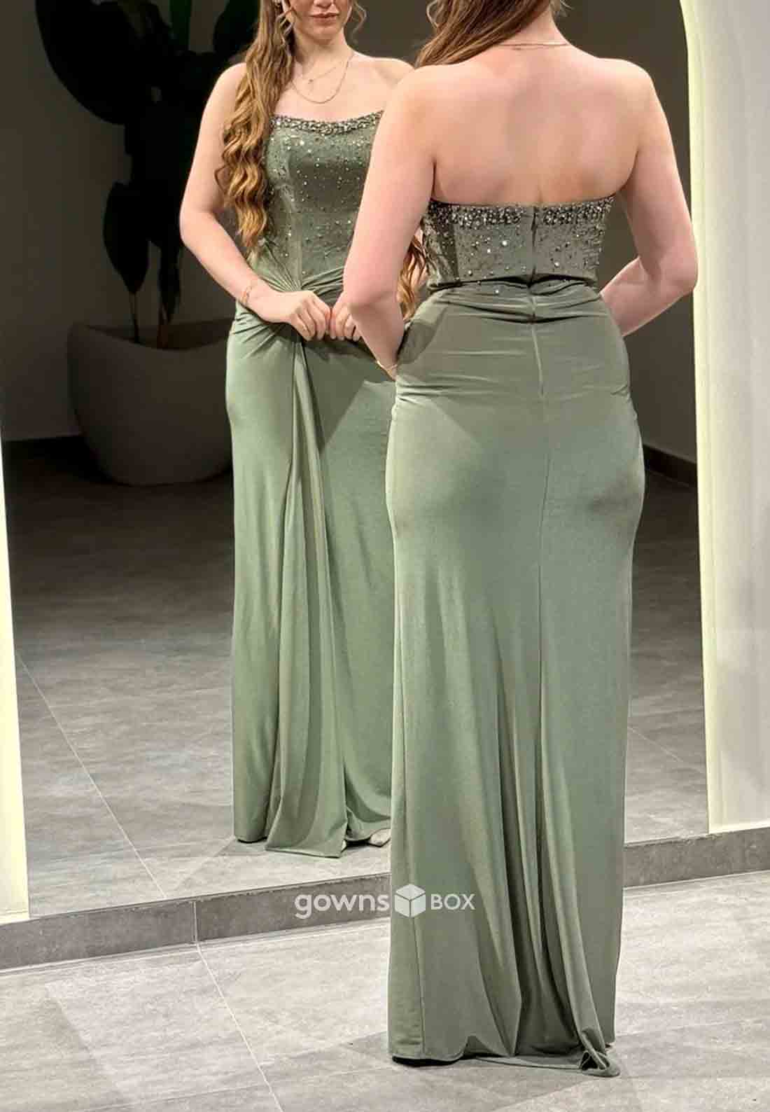 Sheath High Slit Strapless Pleated Floor-Length Sleeveless Beading Prom Dresses-GownsBox