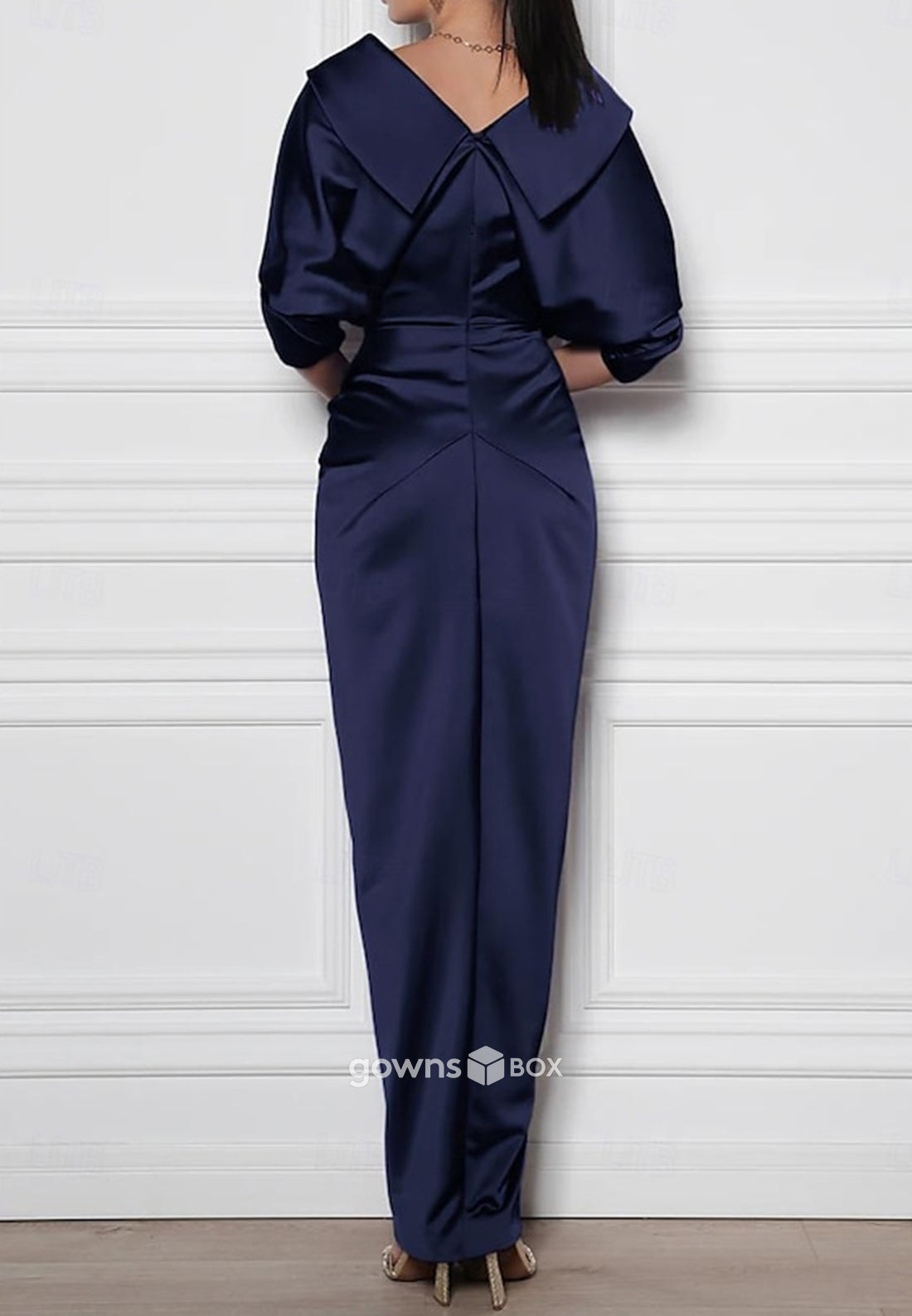 V-Neck Half Sleeves Satin Pleated sheath High Slit Ankle-Length Mother of Bride Dresses-GownsBox