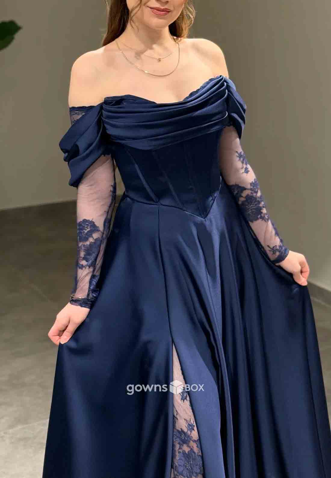 Off-Shoulder Lace A-Line Formal Gowns Side Slit Satin Long Sleeves Evening Gowns-GownsBox