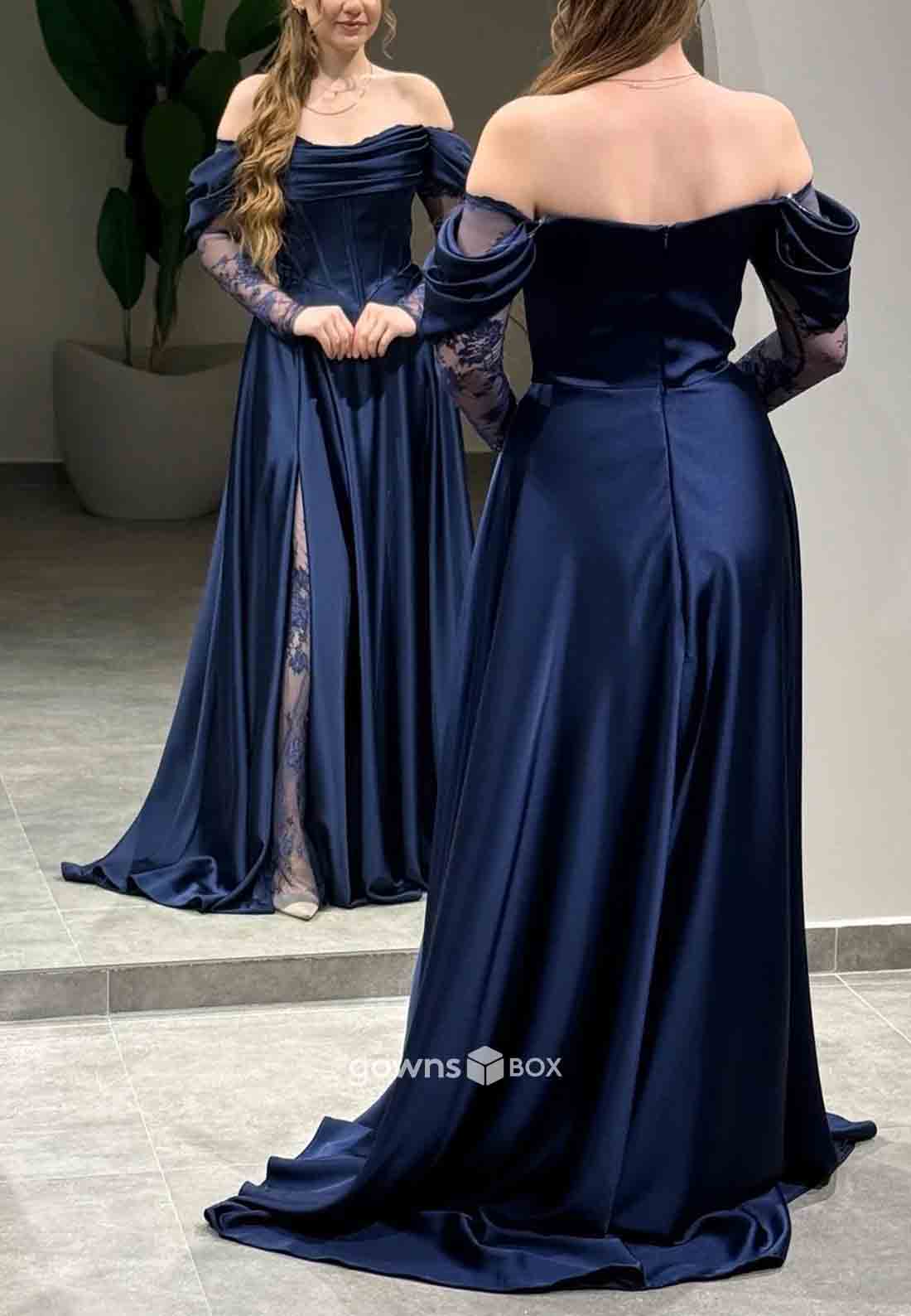 Off-Shoulder Lace A-Line Formal Gowns Side Slit Satin Long Sleeves Evening Gowns-GownsBox