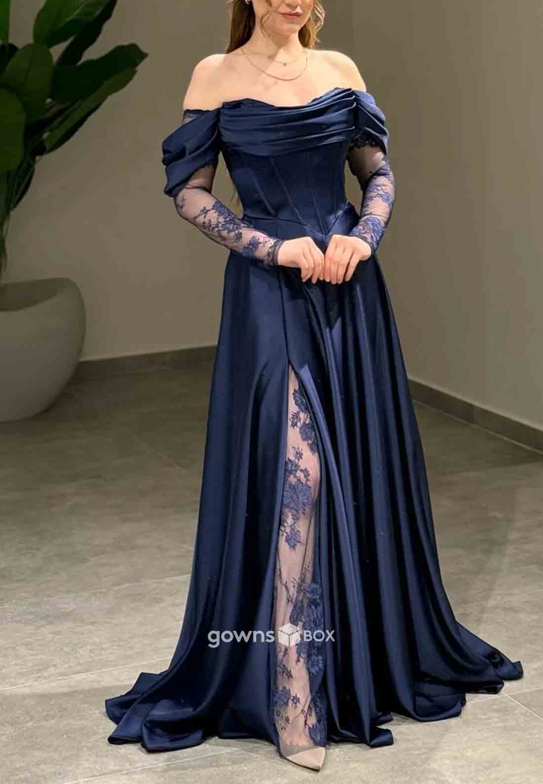 Off-Shoulder Lace A-Line Formal Gowns Side Slit Satin Long Sleeves Evening Gowns-GownsBox