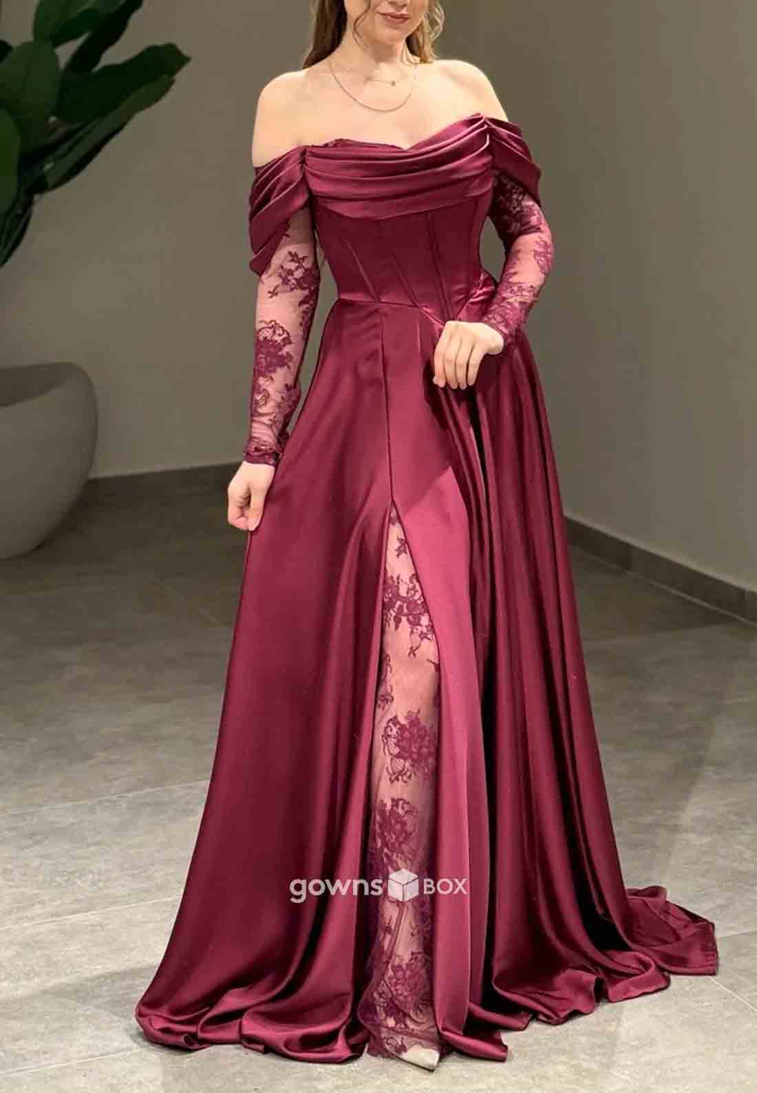 Off-Shoulder Lace A-Line Formal Gowns Side Slit Satin Long Sleeves Evening Gowns-GownsBox