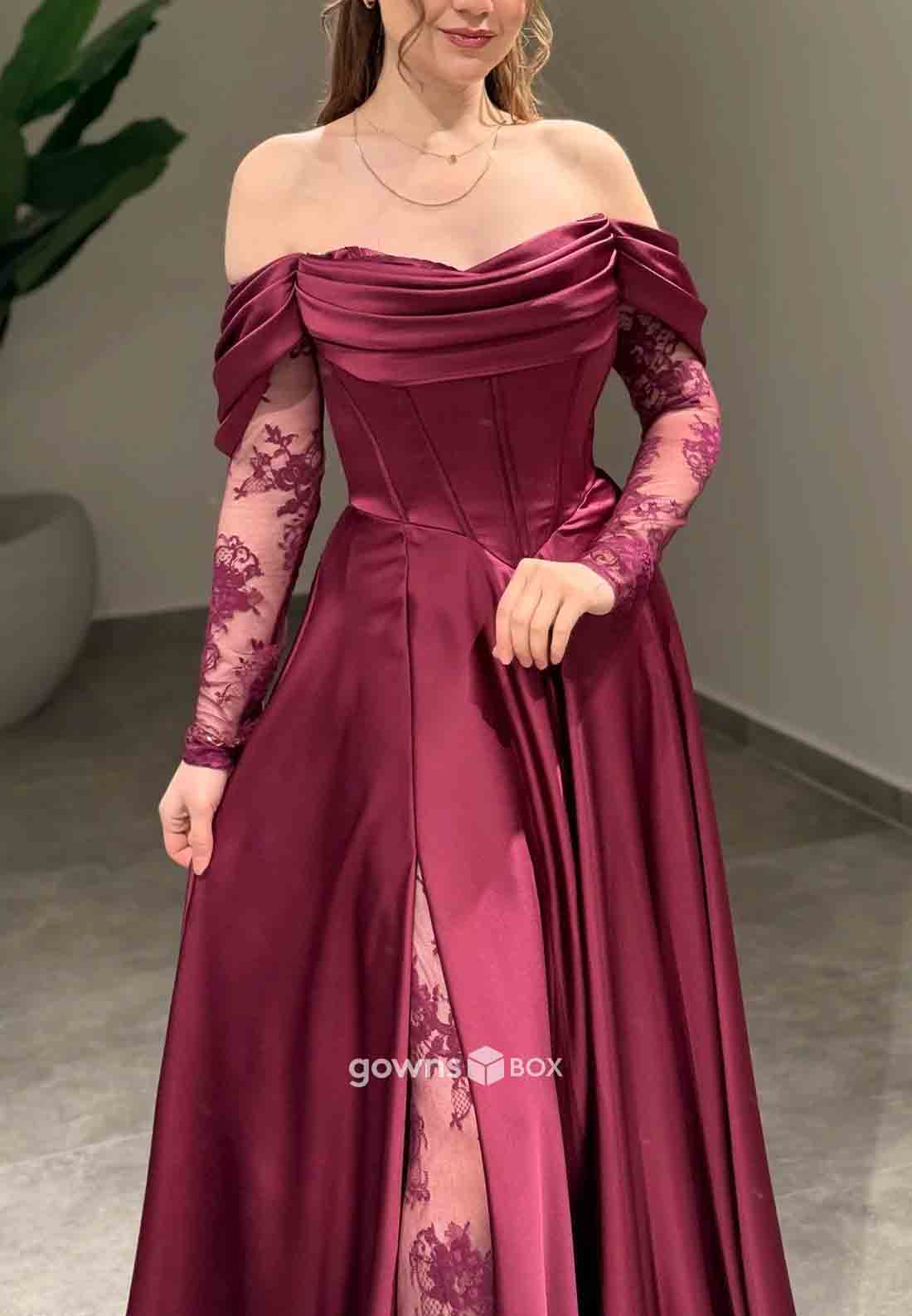 Off-Shoulder Lace A-Line Formal Gowns Side Slit Satin Long Sleeves Evening Gowns-GownsBox