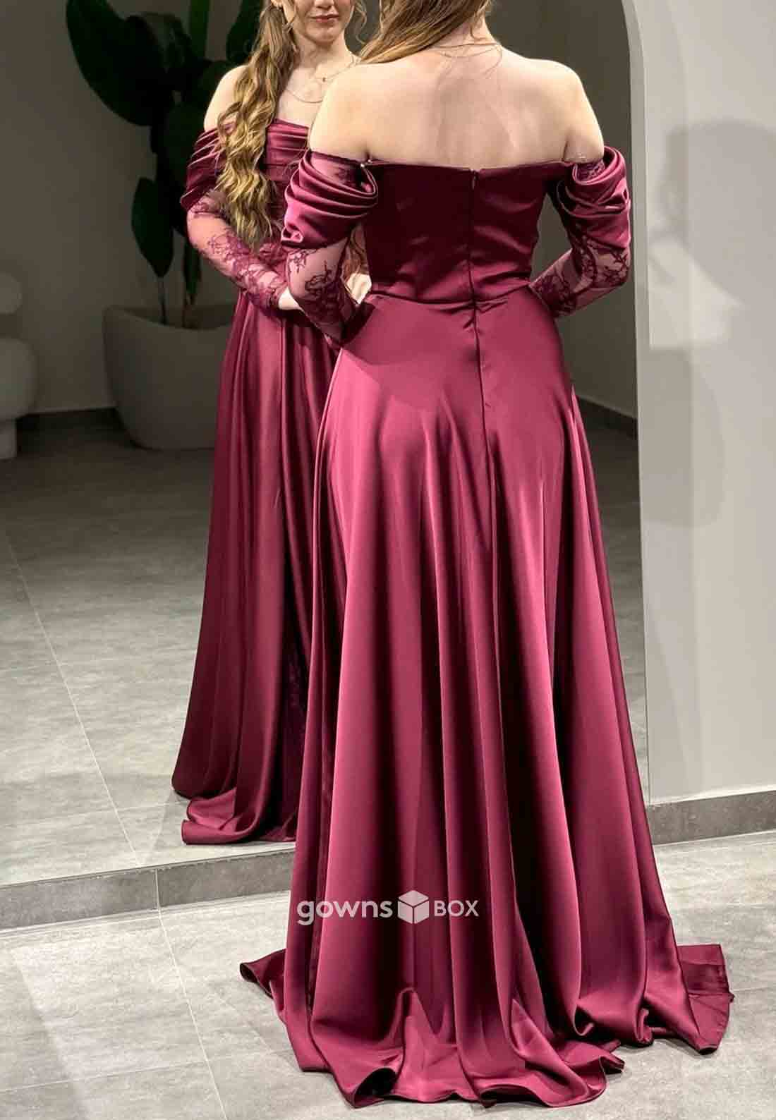 Off-Shoulder Lace A-Line Formal Gowns Side Slit Satin Long Sleeves Evening Gowns-GownsBox