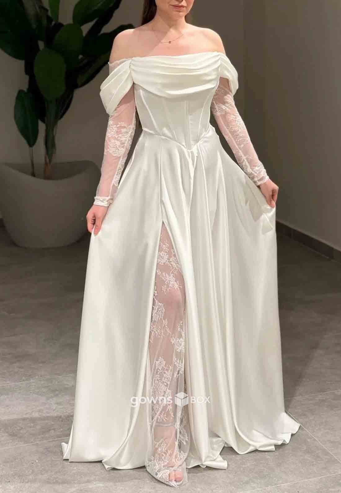 Off-Shoulder Lace A-Line Formal Gowns Side Slit Satin Long Sleeves Evening Gowns-GownsBox