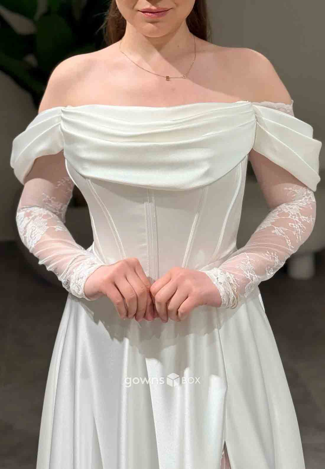 Off-Shoulder Lace A-Line Formal Gowns Side Slit Satin Long Sleeves Evening Gowns-GownsBox