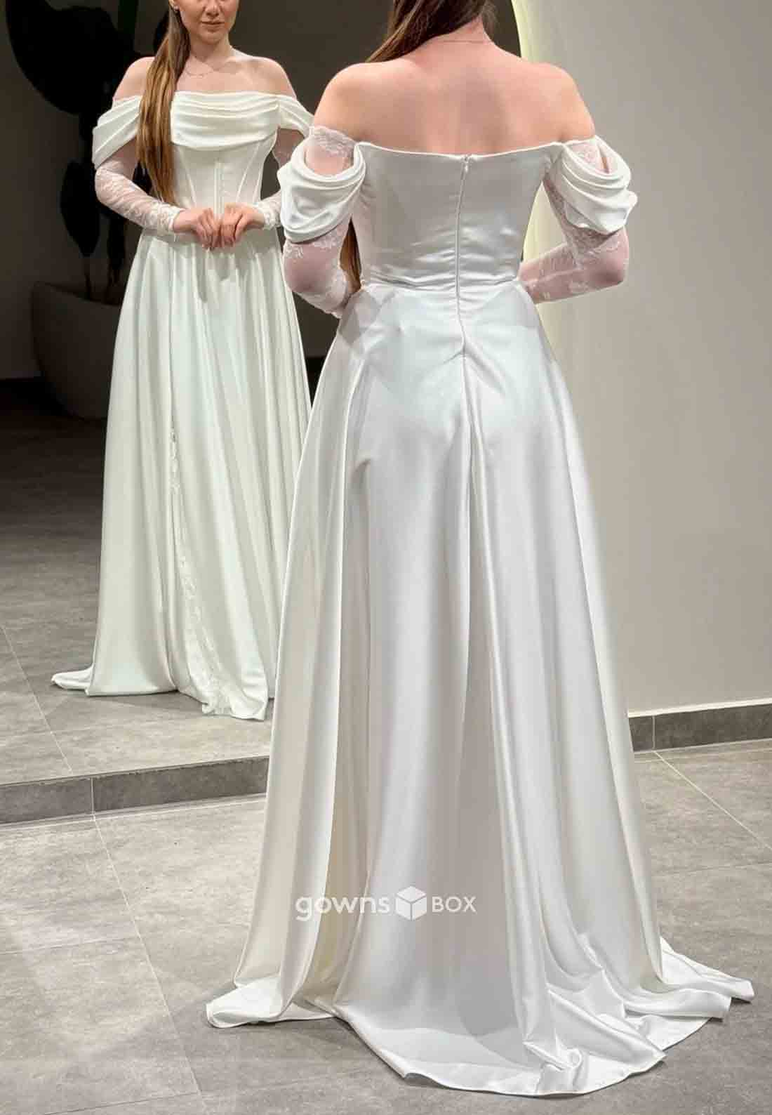 Off-Shoulder Lace A-Line Formal Gowns Side Slit Satin Long Sleeves Evening Gowns-GownsBox