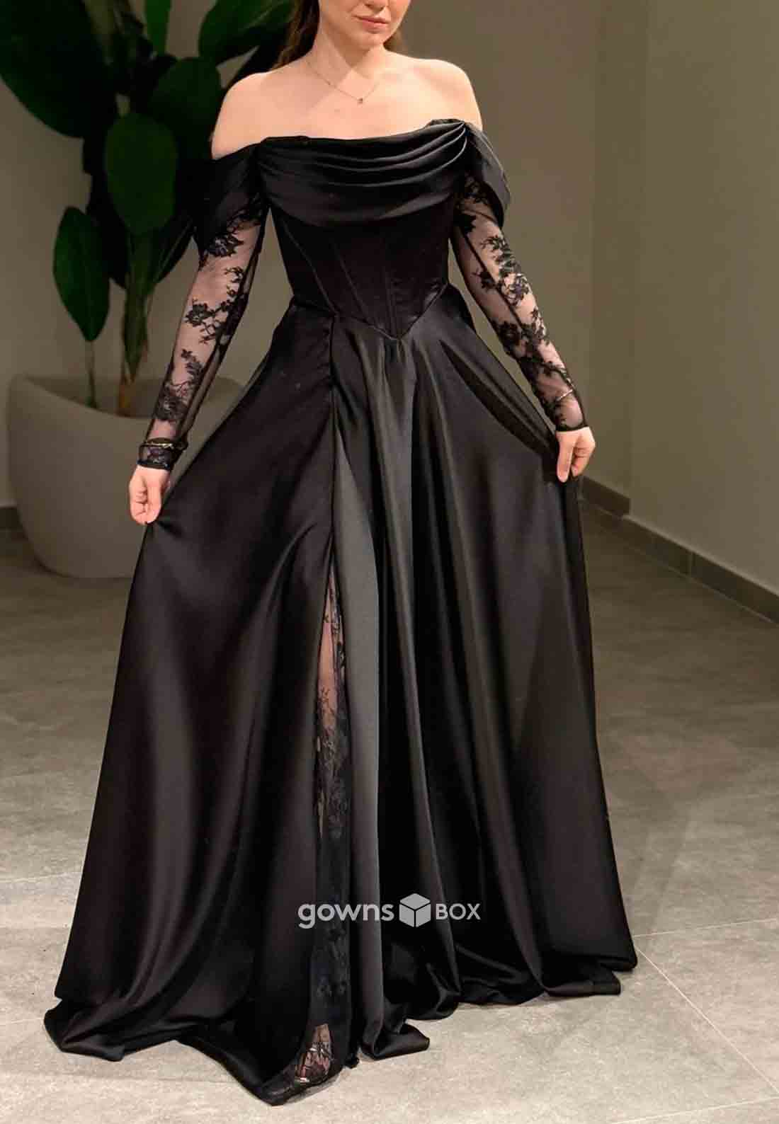 Off-Shoulder Lace A-Line Formal Gowns Side Slit Satin Long Sleeves Evening Gowns-GownsBox