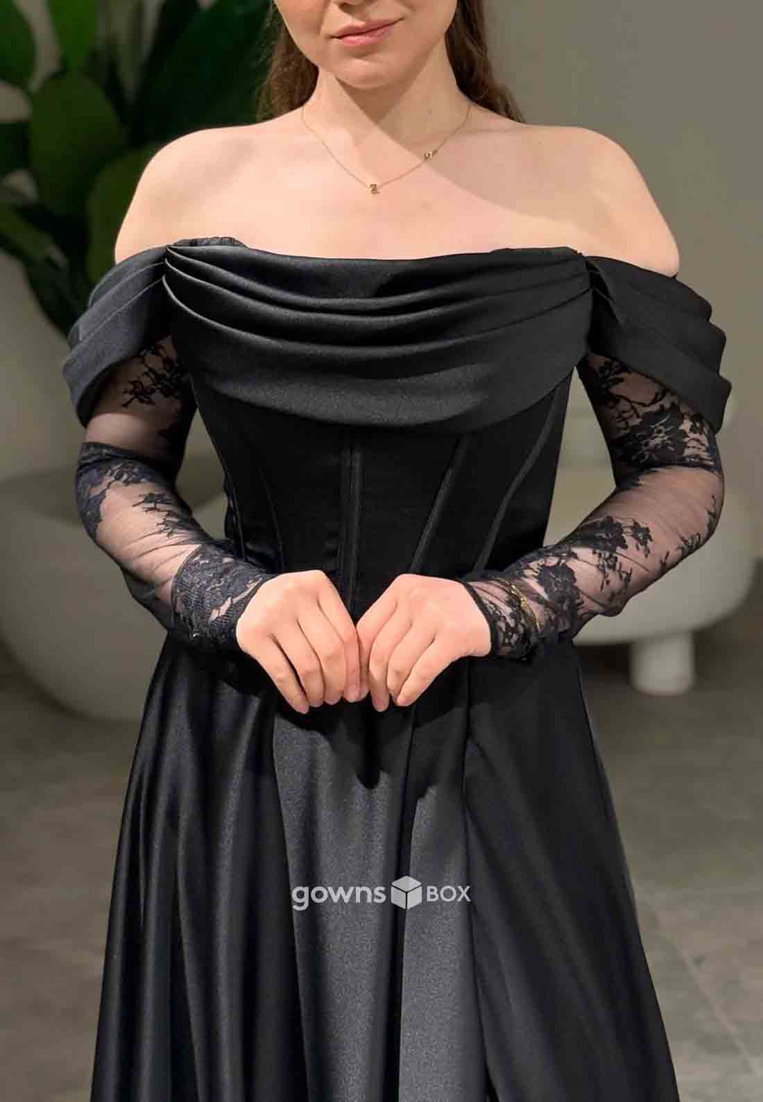 Off-Shoulder Lace A-Line Formal Gowns Side Slit Satin Long Sleeves Evening Gowns-GownsBox