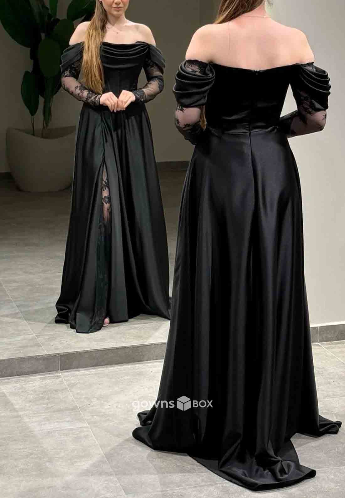 Off-Shoulder Lace A-Line Formal Gowns Side Slit Satin Long Sleeves Evening Gowns-GownsBox