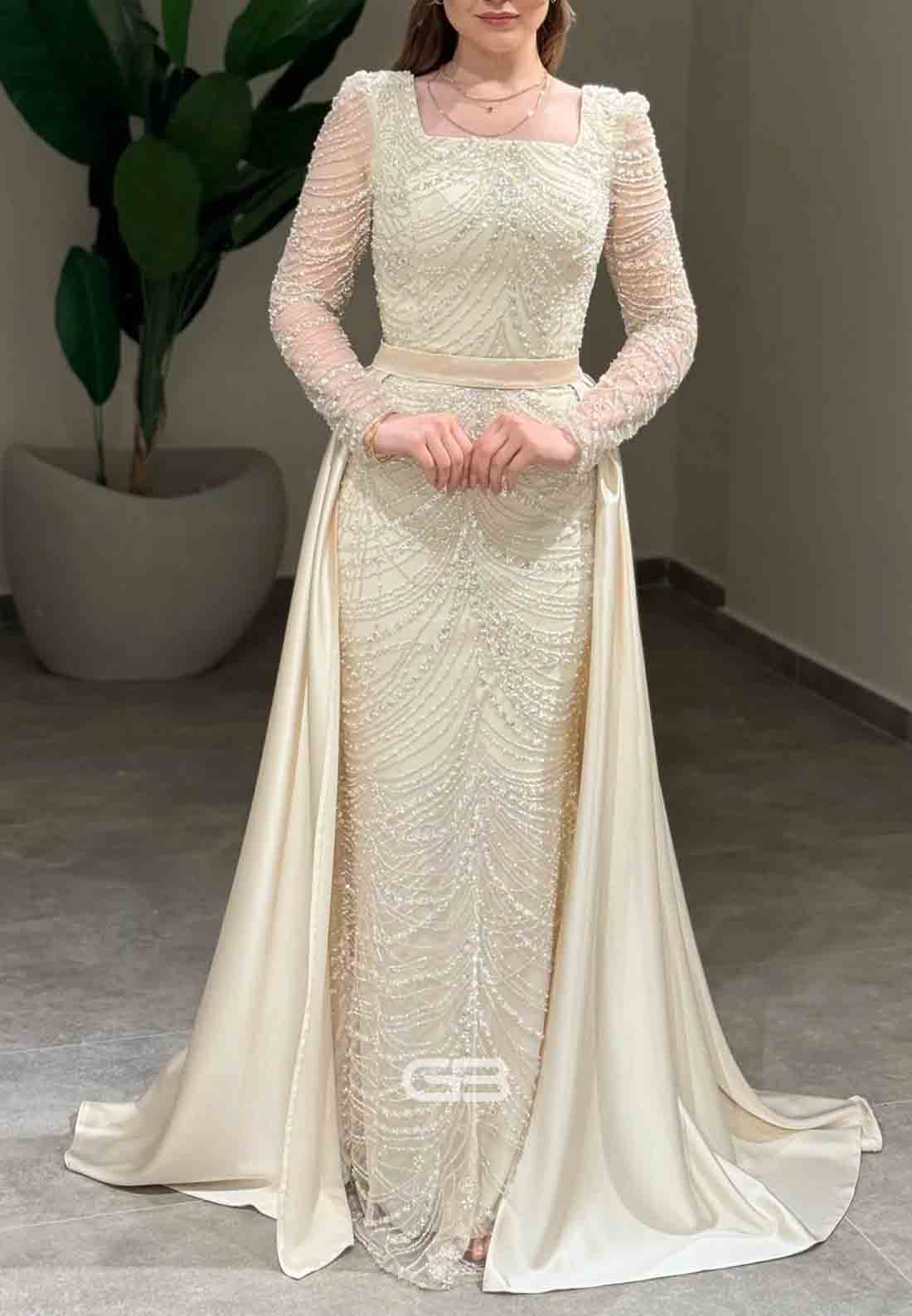 Long Sleeves Square Neck Detachable Floor-Length Evening Gowns with Beading