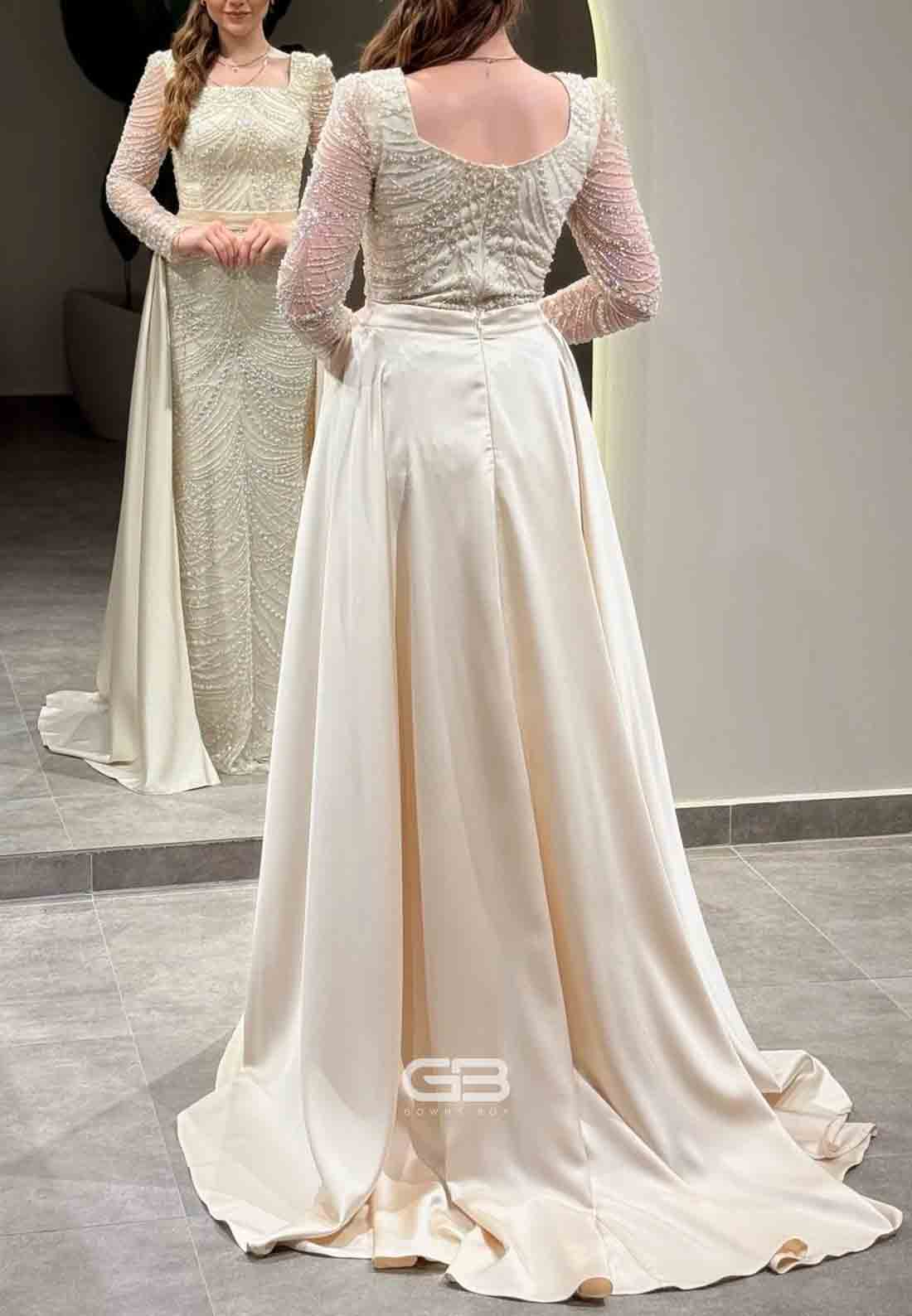 Long Sleeves Square Neck Detachable Floor-Length Evening Gowns with Beading