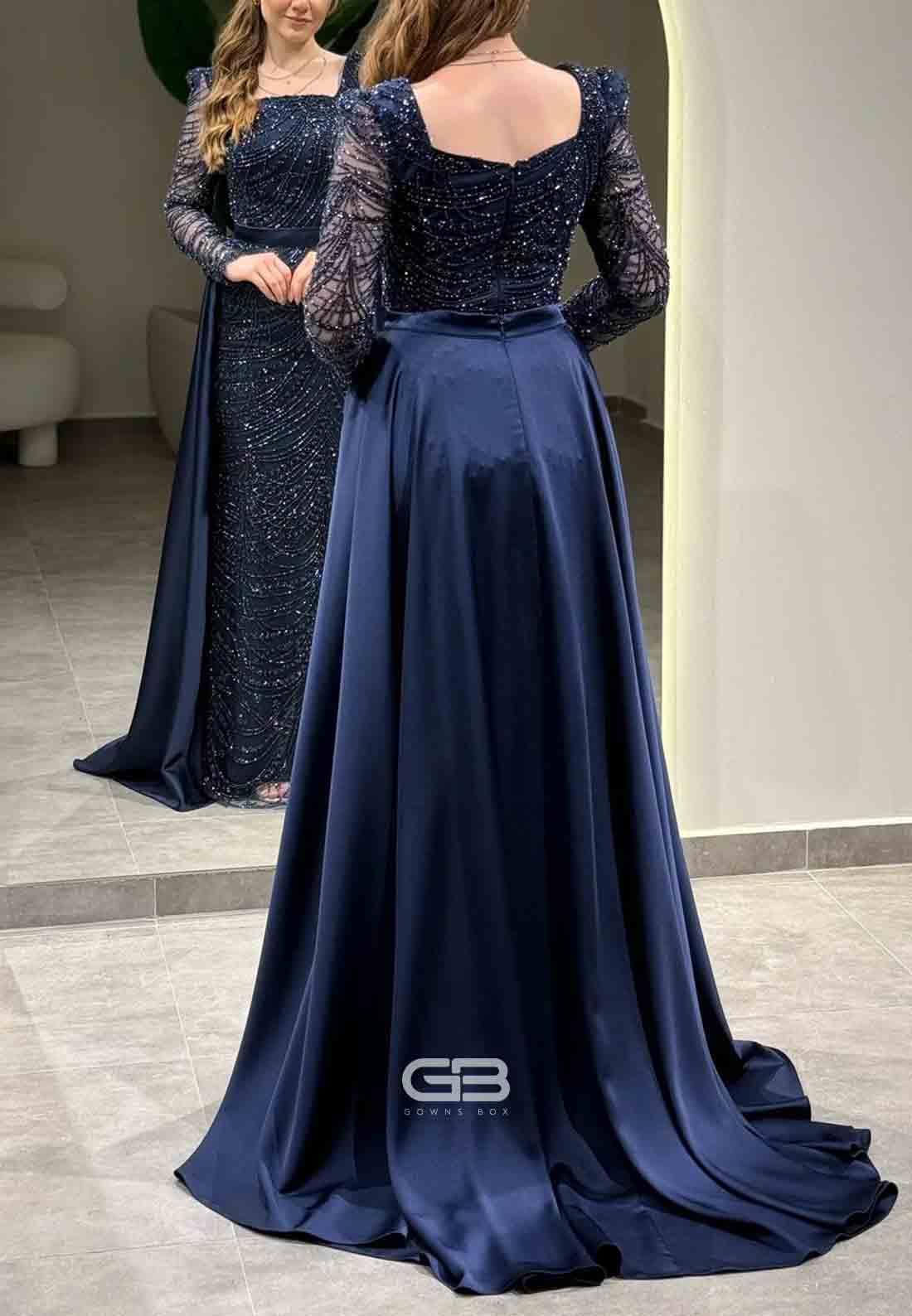 Long Sleeves Square Neck Detachable Floor-Length Evening Gowns with Beading