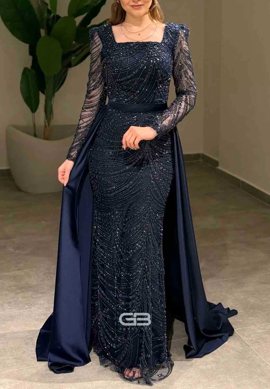 Long Sleeves Square Neck Detachable Floor-Length Evening Gowns with Beading