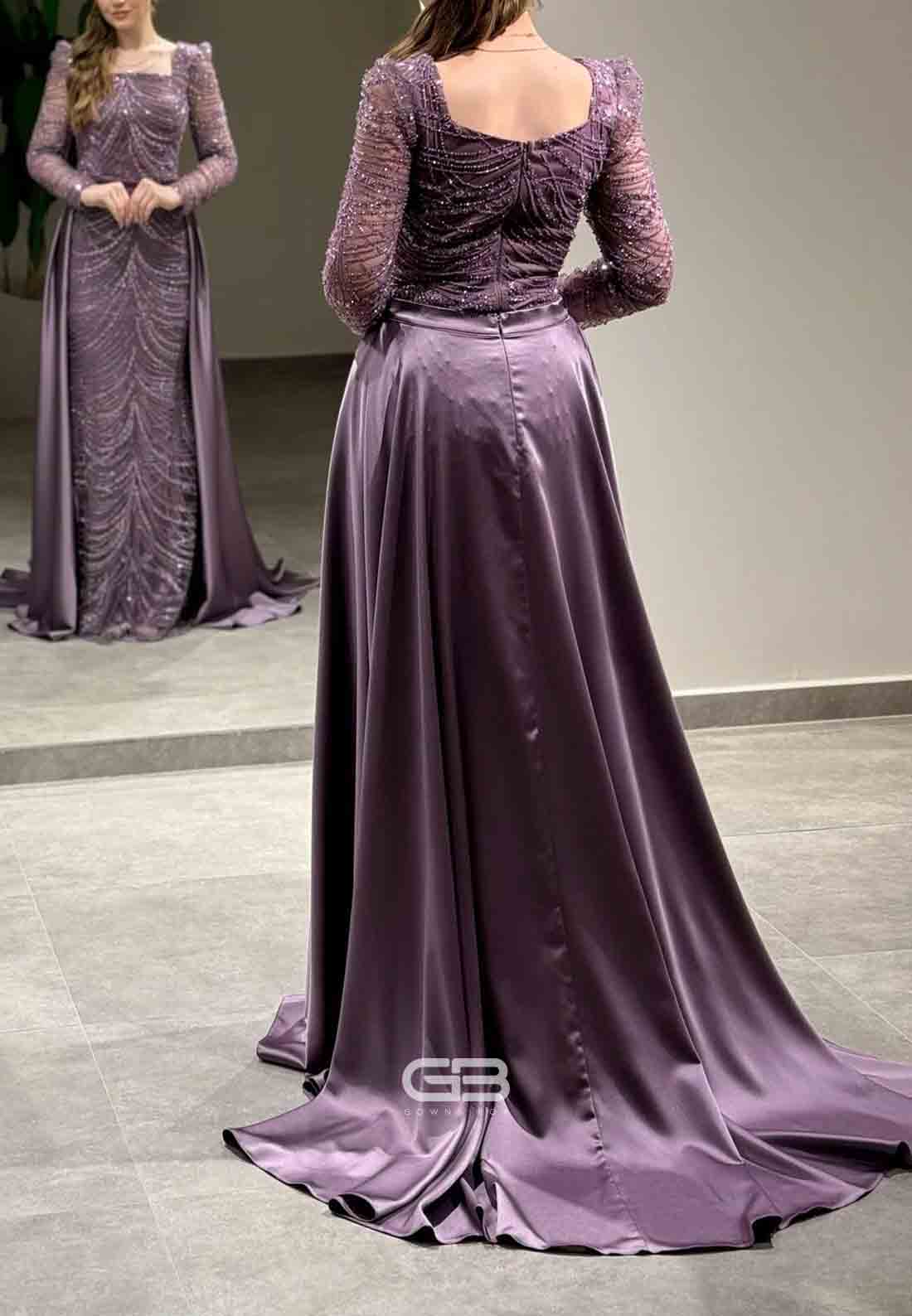 Long Sleeves Square Neck Detachable Floor-Length Evening Gowns with Beading