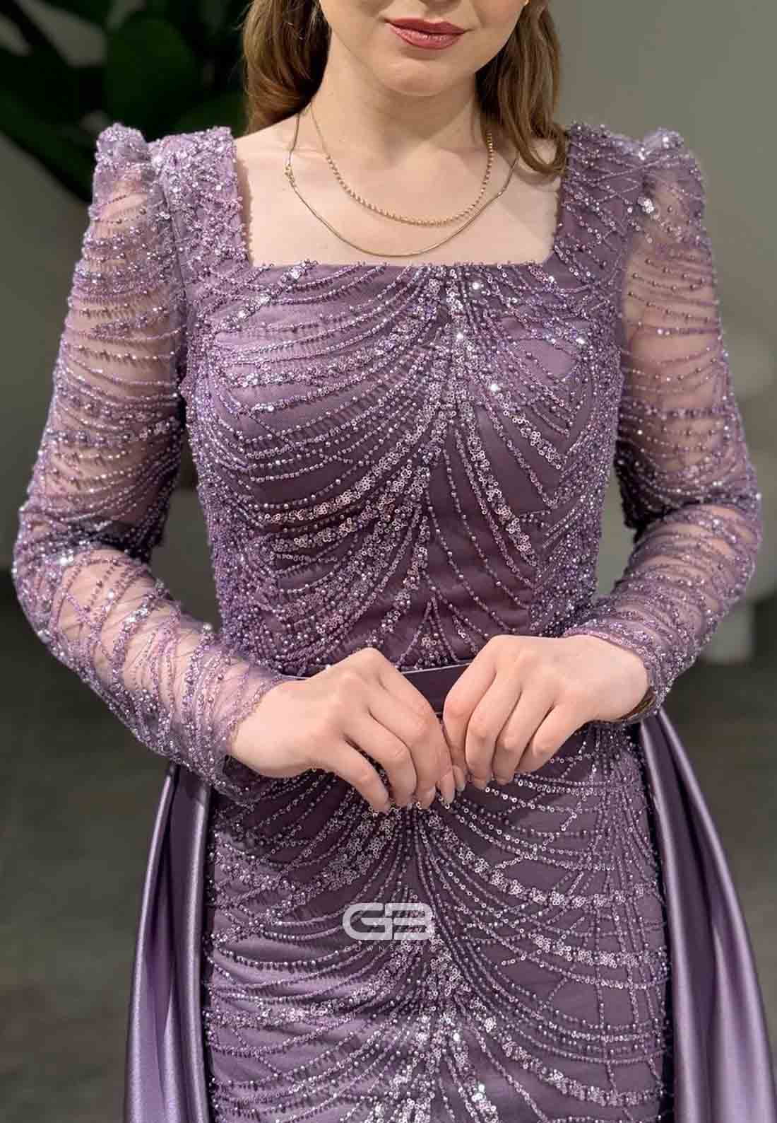 Long Sleeves Square Neck Detachable Floor-Length Evening Gowns with Beading