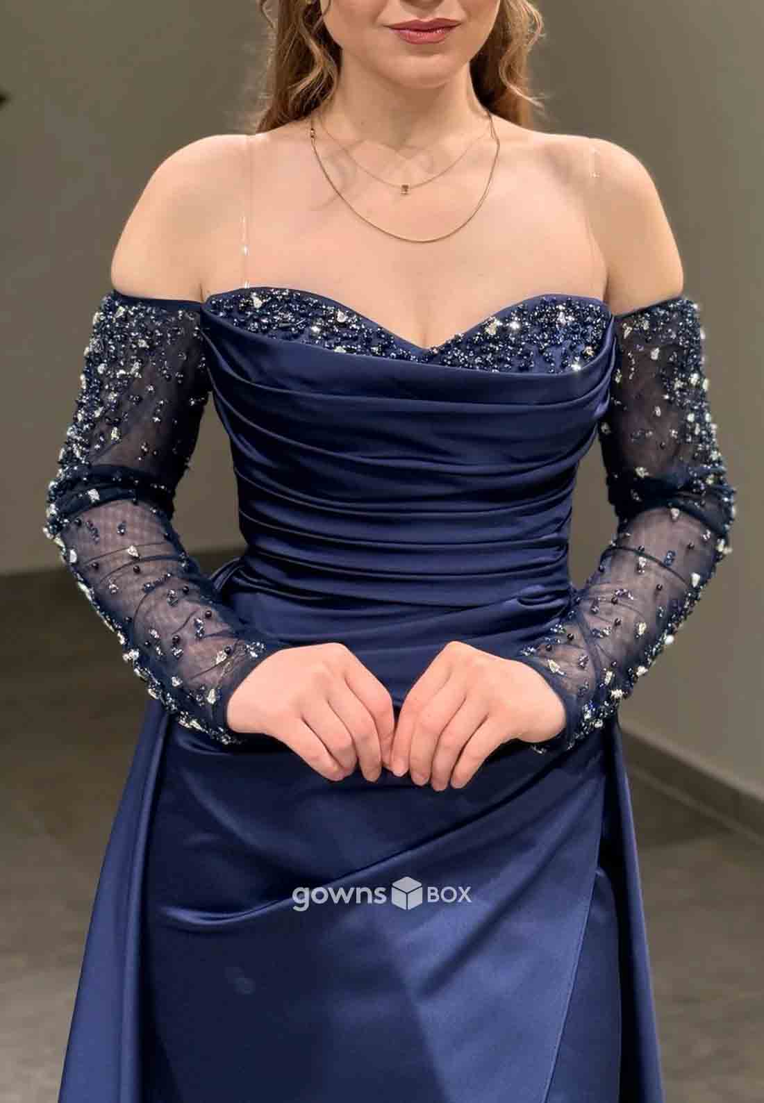 Long Sleeves Off-Shoulder Satin Side Slit Beading Detachable Evening Gowns-GownsBox