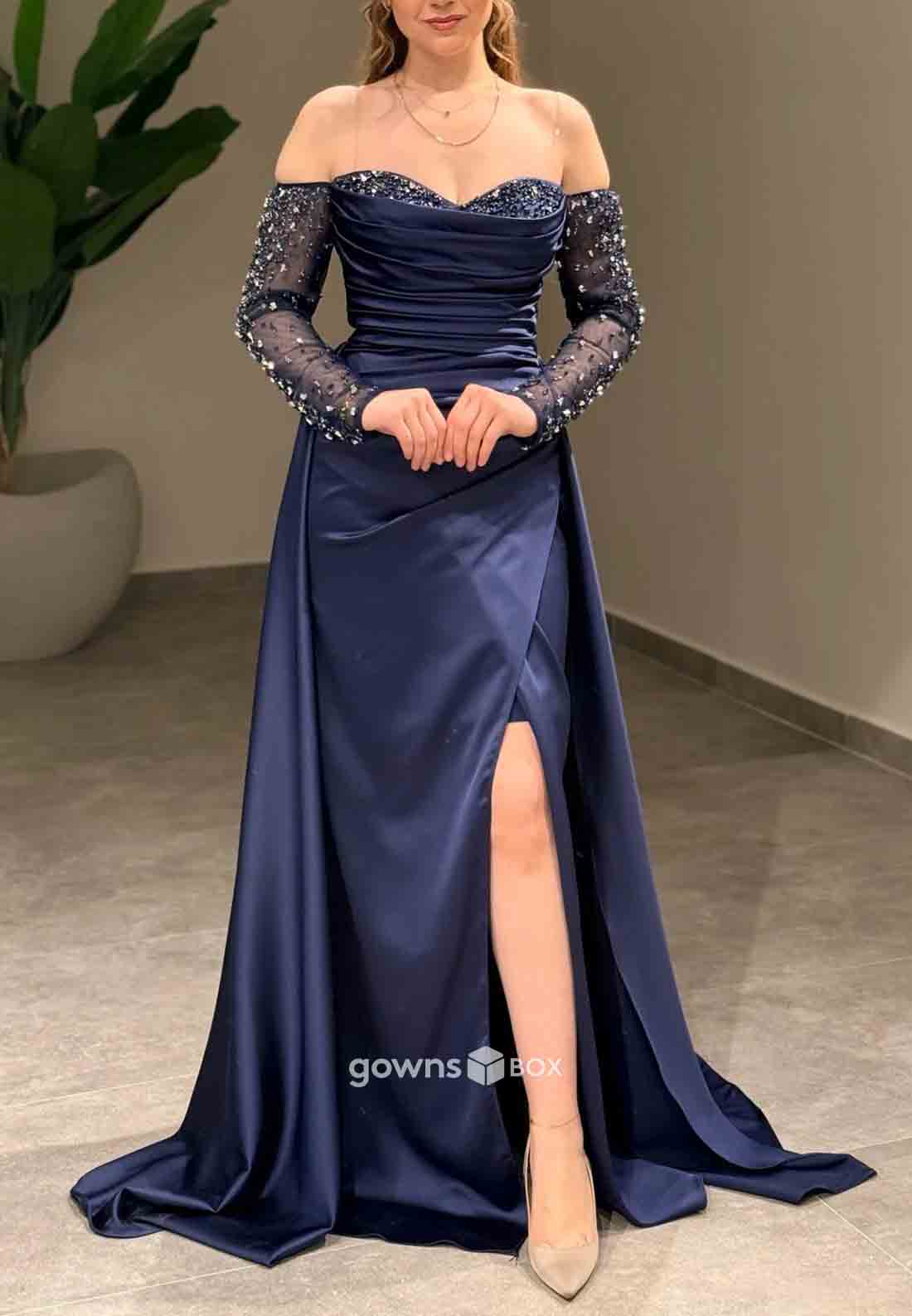 Long Sleeves Off-Shoulder Satin Side Slit Beading Detachable Evening Gowns-GownsBox