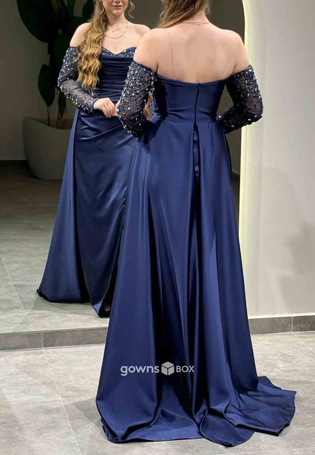Long Sleeves Off-Shoulder Satin Side Slit Beading Detachable Evening Gowns-GownsBox