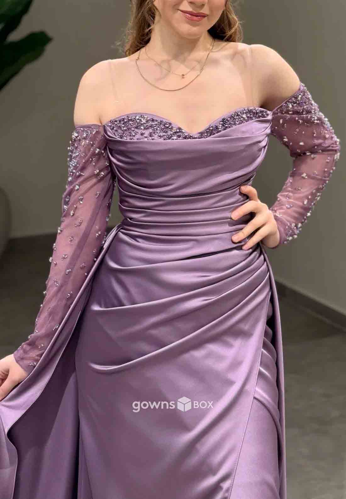 Long Sleeves Off-Shoulder Satin Side Slit Beading Detachable Evening Gowns-GownsBox