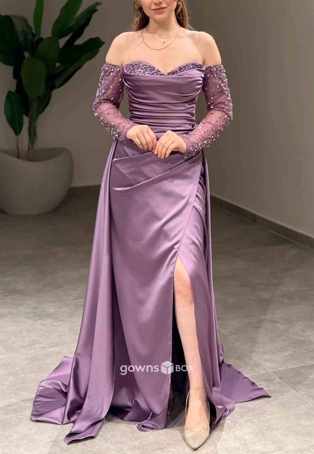 Long Sleeves Off-Shoulder Satin Side Slit Beading Detachable Evening Gowns-GownsBox