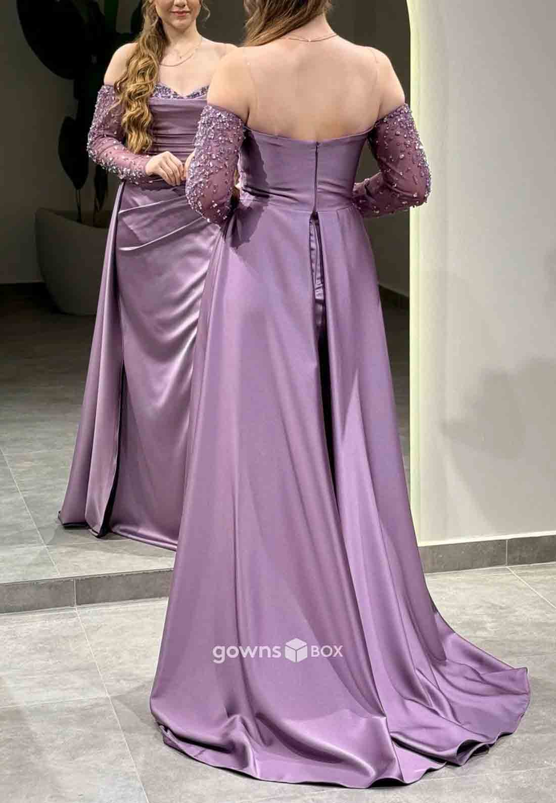 Long Sleeves Off-Shoulder Satin Side Slit Beading Detachable Evening Gowns-GownsBox