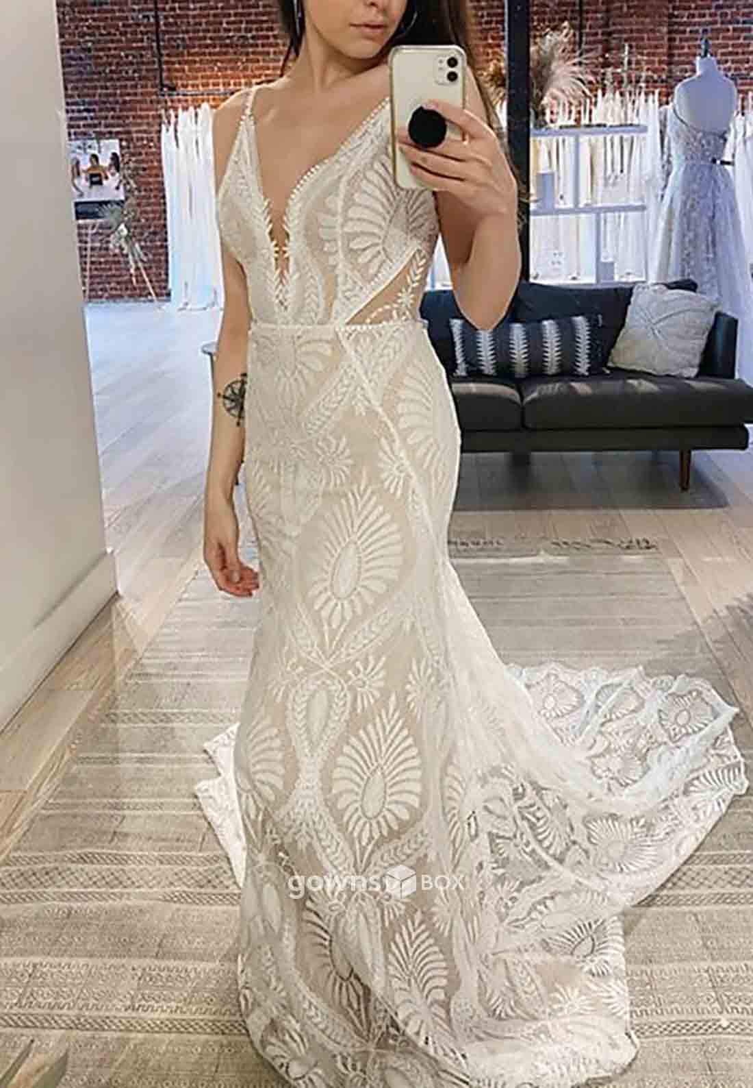 Beach Wedding Vintage Open Back Camisole Sleeveless V Neck Mermaid Wedding Dresses-GownsBox