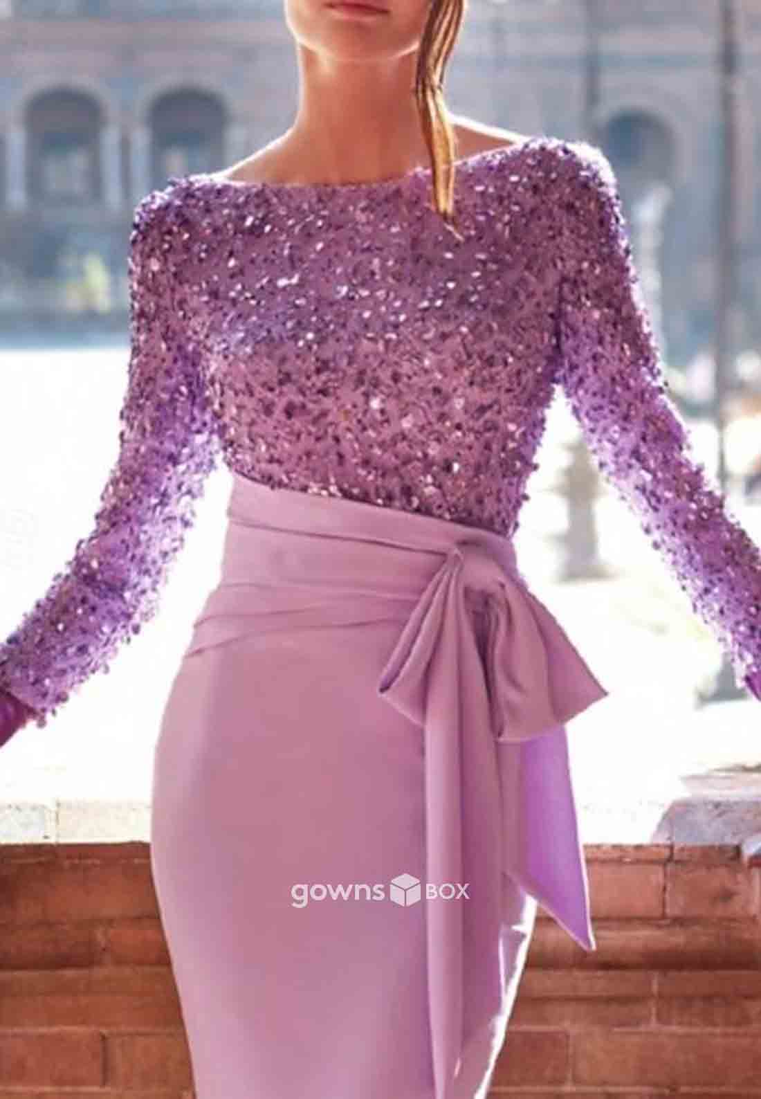 Mermaid Floor-Length Beading Long Sleeves Bowknot Low Back Prom Dresses-GownsBox
