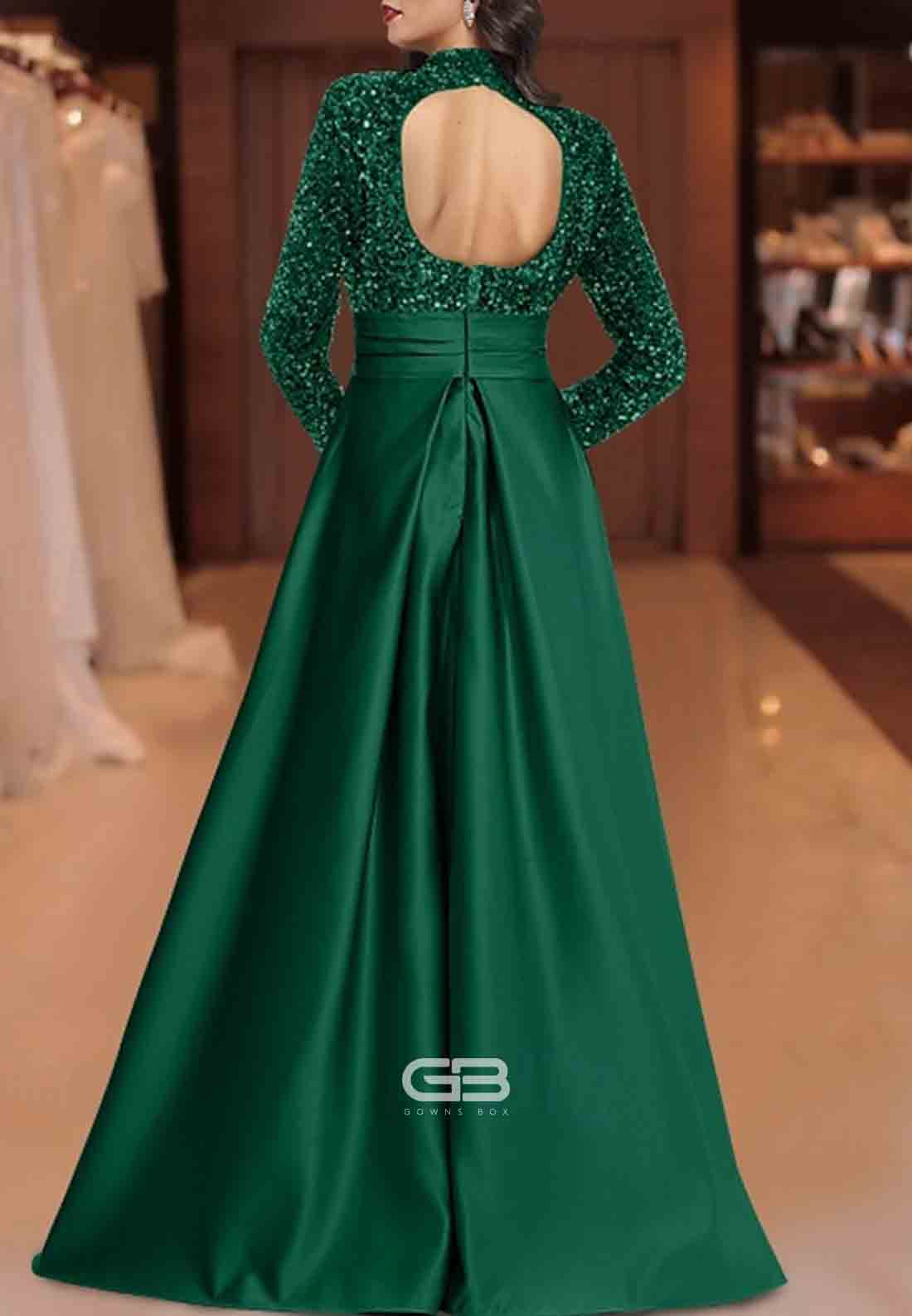 Satin Long Sleeves Evening Gowns with Keyhole