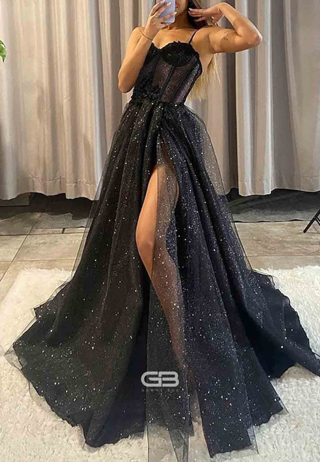 Glitter Low Back Spaghetti Straps Sweep Train A-Line High Slit Prom Dresses 