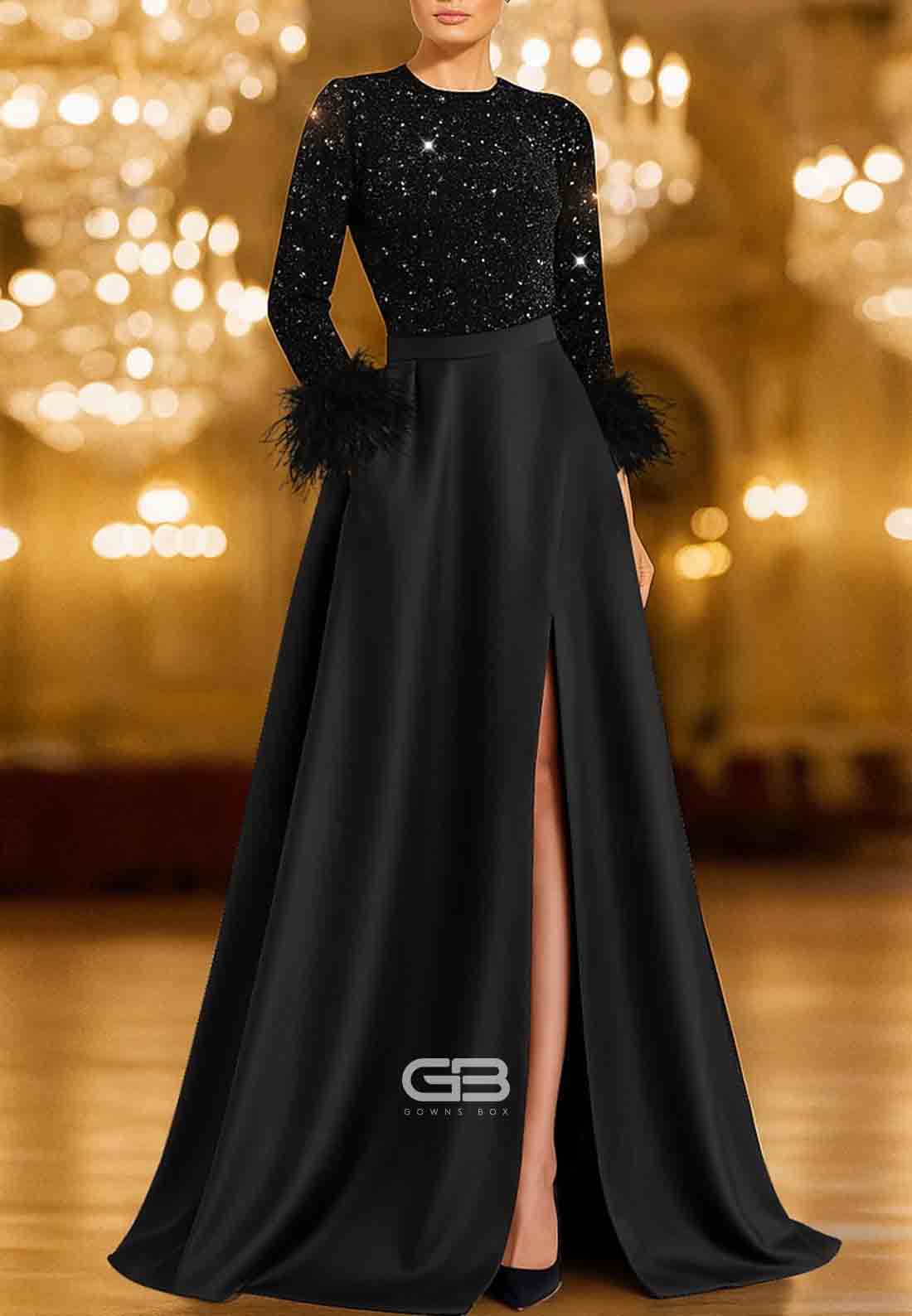 A-Line Floor Length Evening Gown High Split Silky Long Sleeve Crew Neck Formal Wedding Pocket Satin with Feather Pocket 